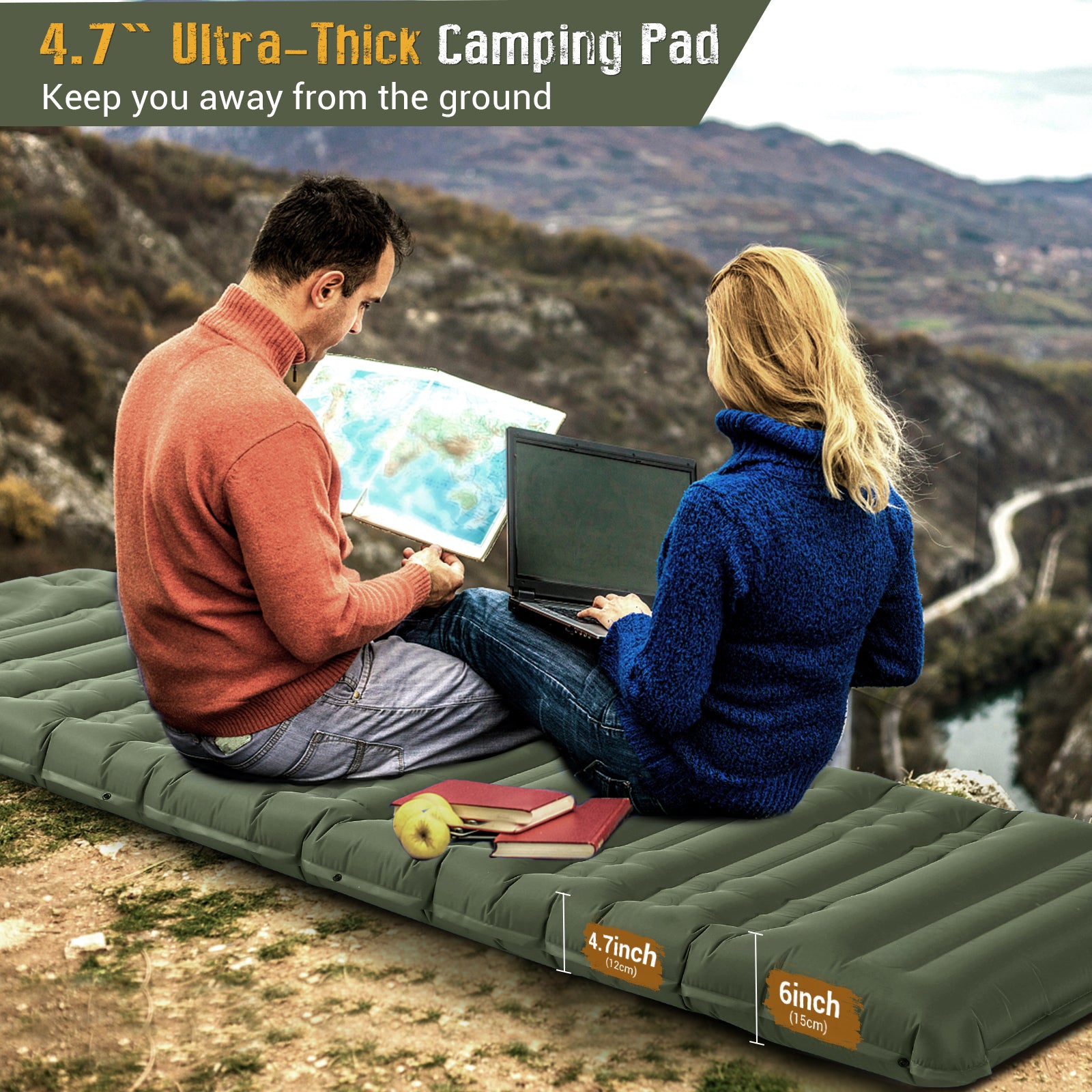 CumbreX Self Inflating Sleeping Pad for Camping, 4" Ultra-Thick Camping Mattress Pad with Pillow Built-in Foot Pump, Portable Sleeping Mat for Backpacking, Hiking, Tent