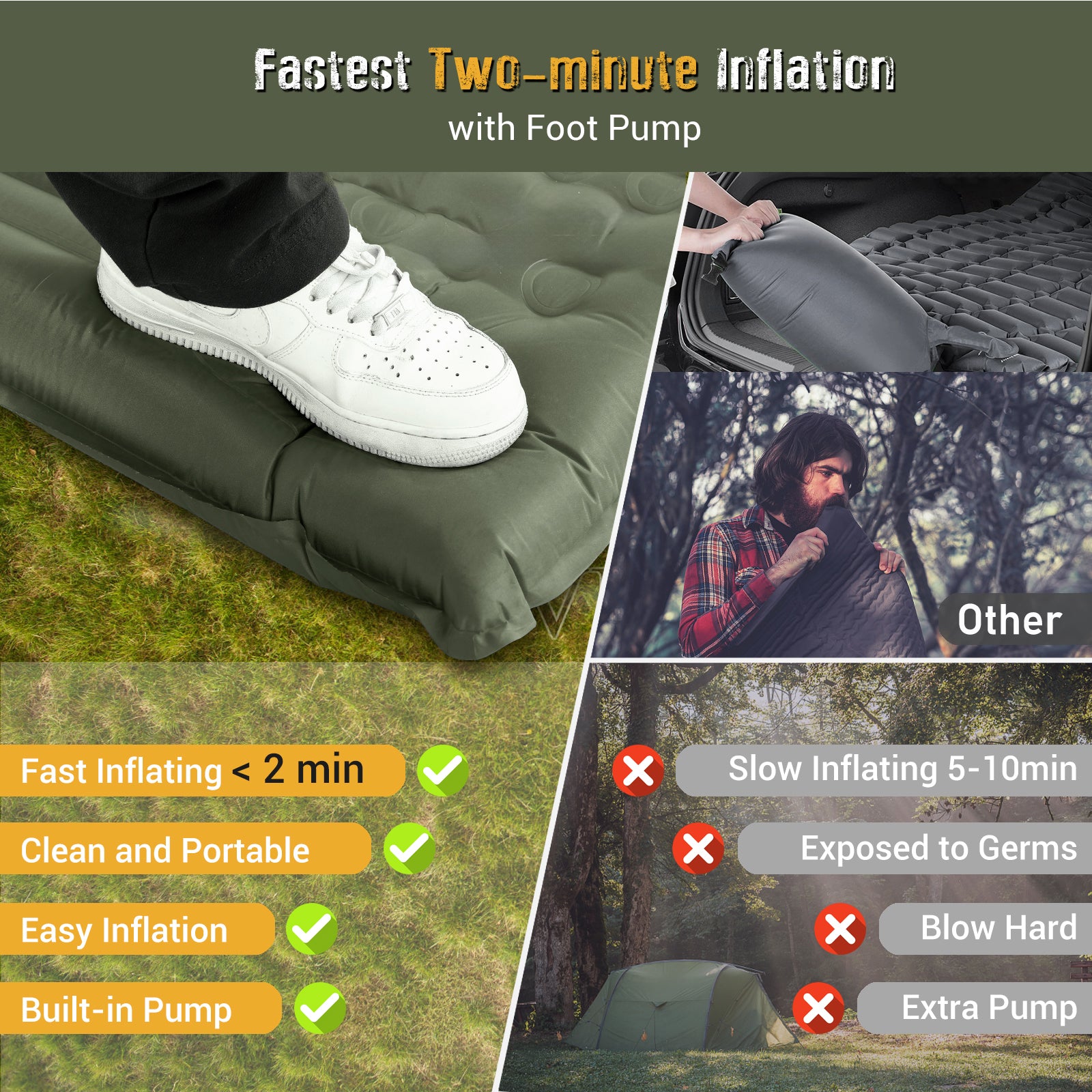 CumbreX Self Inflating Sleeping Pad for Camping, 4" Ultra-Thick Camping Mattress Pad with Pillow Built-in Foot Pump, Portable Sleeping Mat for Backpacking, Hiking, Tent