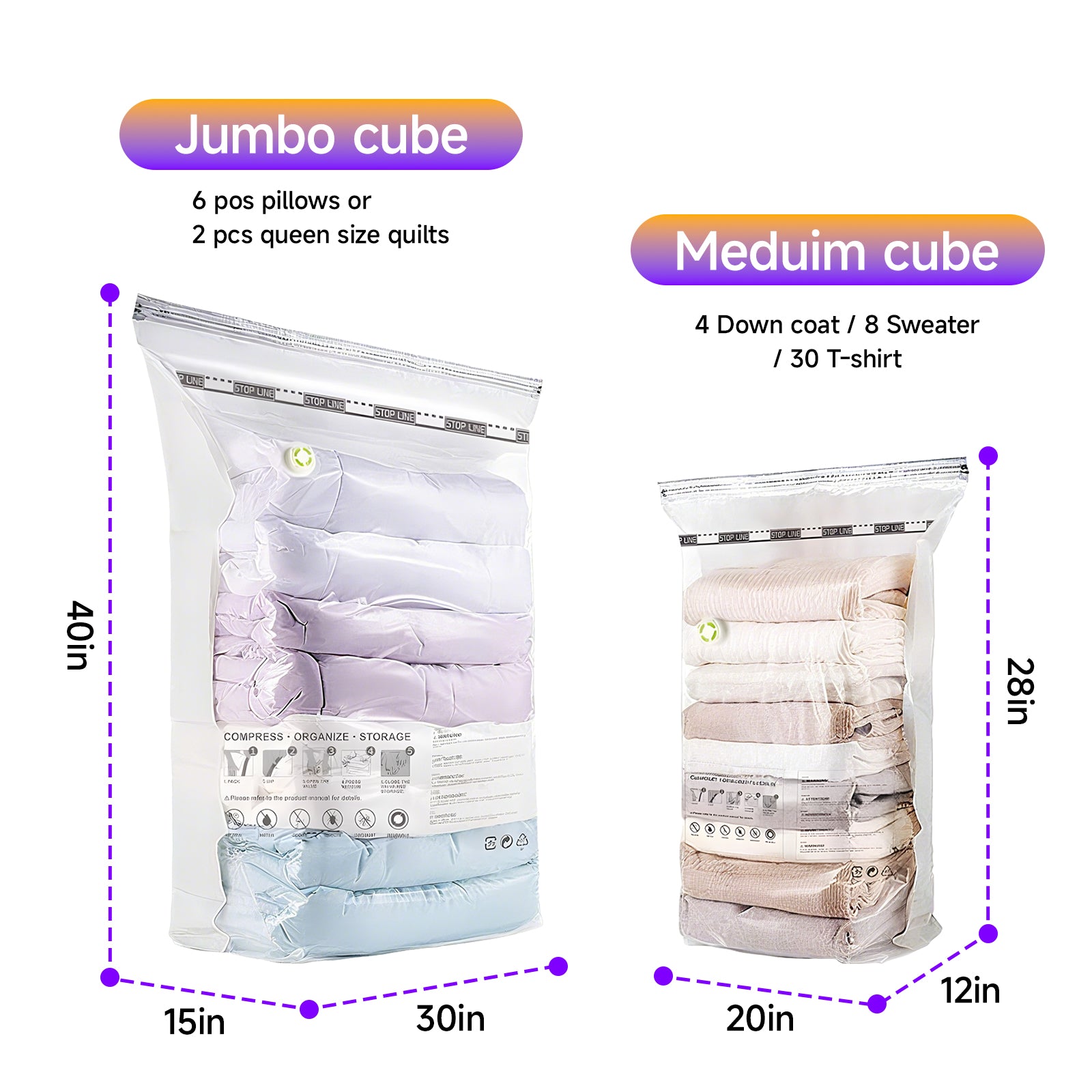 Elegear Cube Vacuum Storage Bag-4 Pack (2 Jumbo + 2 Medium) Extra Large Space Saver Bags, Large Capacity Clothing Storage Bags for Clothes Pillows Comforters Quilts Blankets