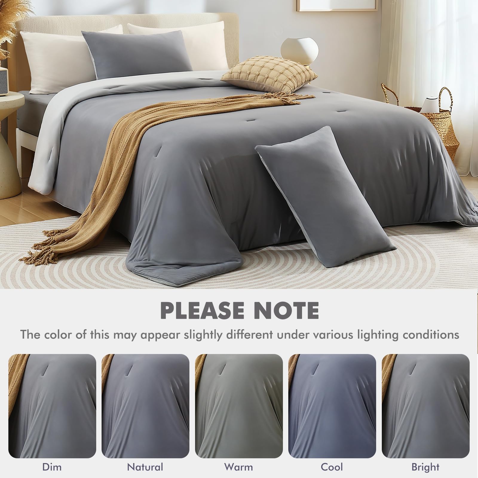 Elegear Comforter Set - Gray, Reversible Ultra-Soft Micro Fleece, PCM Temperature-Regulating, Lightweight All-Season Bedding Set (3 Pieces)