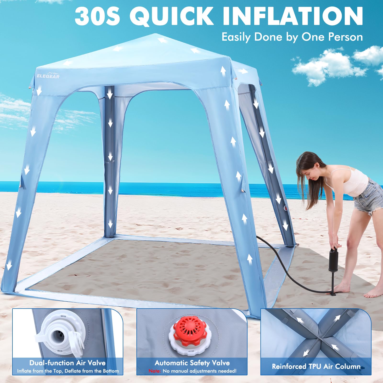 Elegear 7'x7' Inflatable Beach Tent, UPF 50+ Sun Shade Canopy with Side Curtain, 30s Setup for 6-8 People