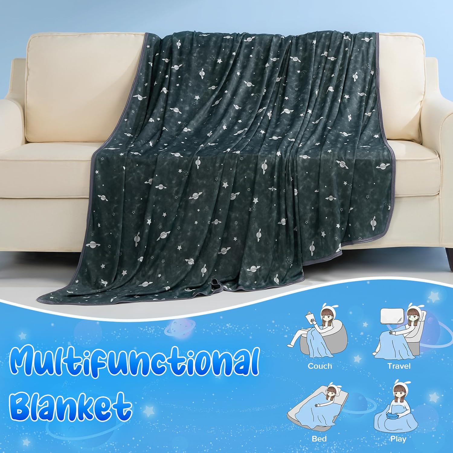Glow-in-the-Dark Cooling Blanket For Kids– Q-Max > 0.5, Double-Sided Color Black