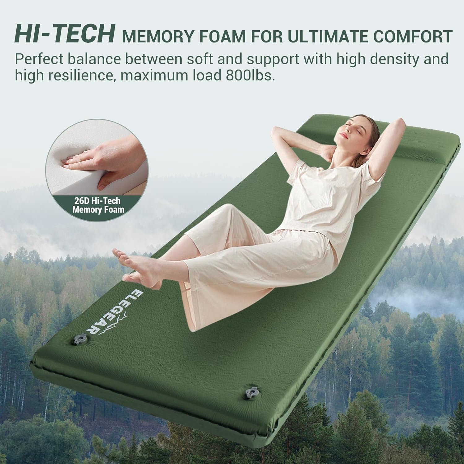 Self Inflating Sleeping Pad, 3.1" Ultra-Thick Memory Foam Camping Pad