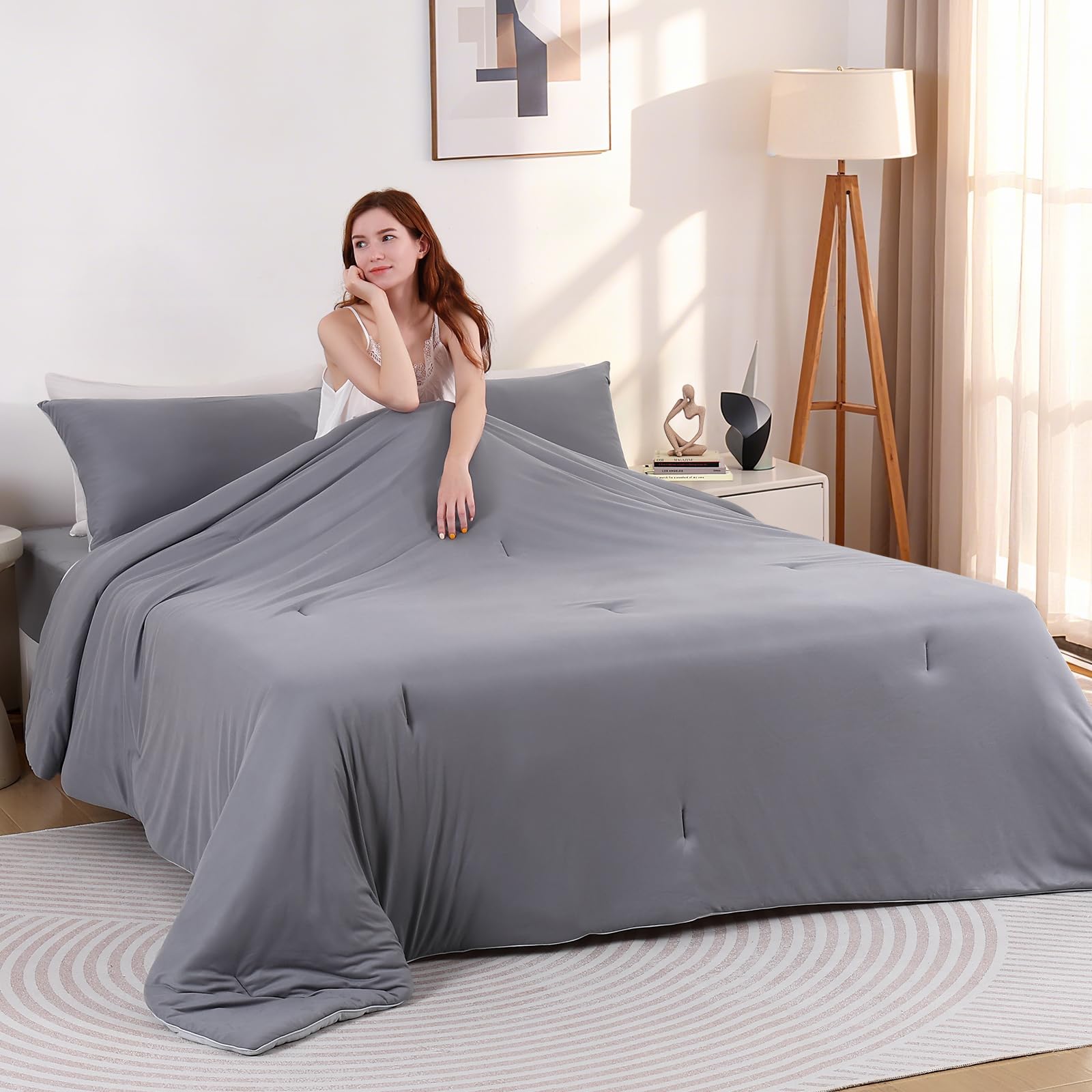 Elegear Comforter Set - Gray, Reversible Ultra-Soft Micro Fleece, PCM Temperature-Regulating, Lightweight All-Season Bedding Set (3 Pieces)