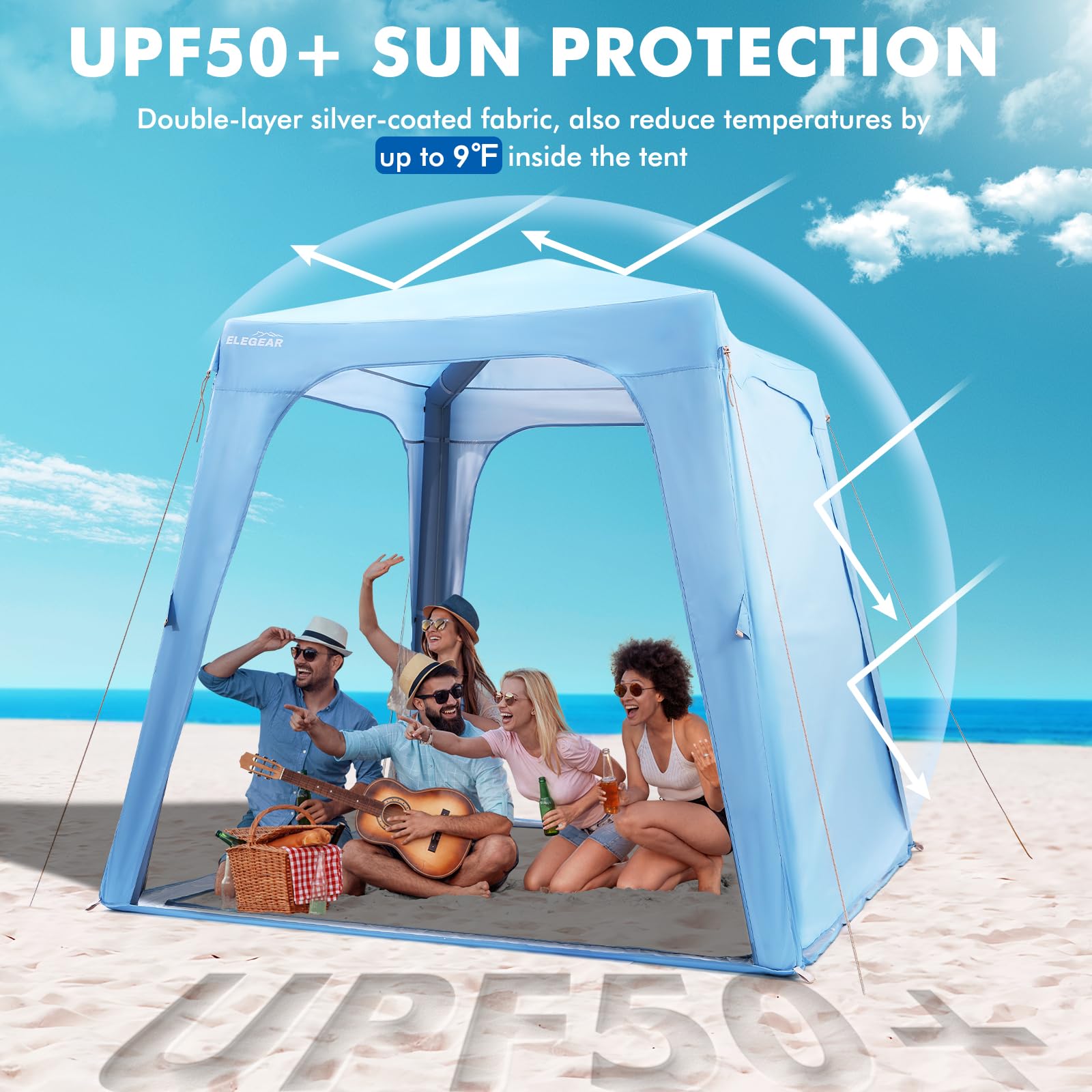 Elegear 7'x7' Inflatable Beach Tent, UPF 50+ Sun Shade Canopy with Side Curtain, 30s Setup for 6-8 People