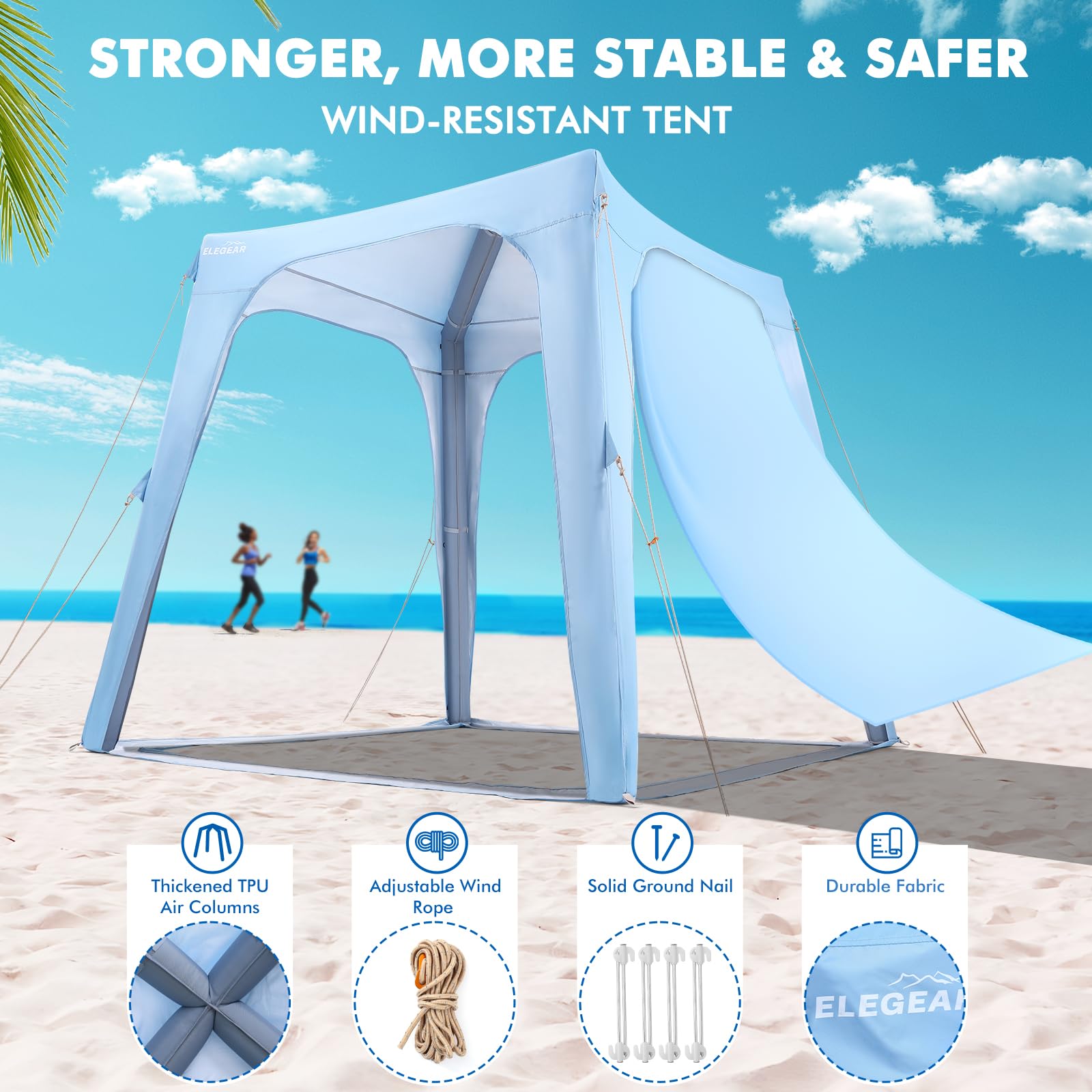 Elegear 7'x7' Inflatable Beach Tent, UPF 50+ Sun Shade Canopy with Side Curtain, 30s Setup for 6-8 People