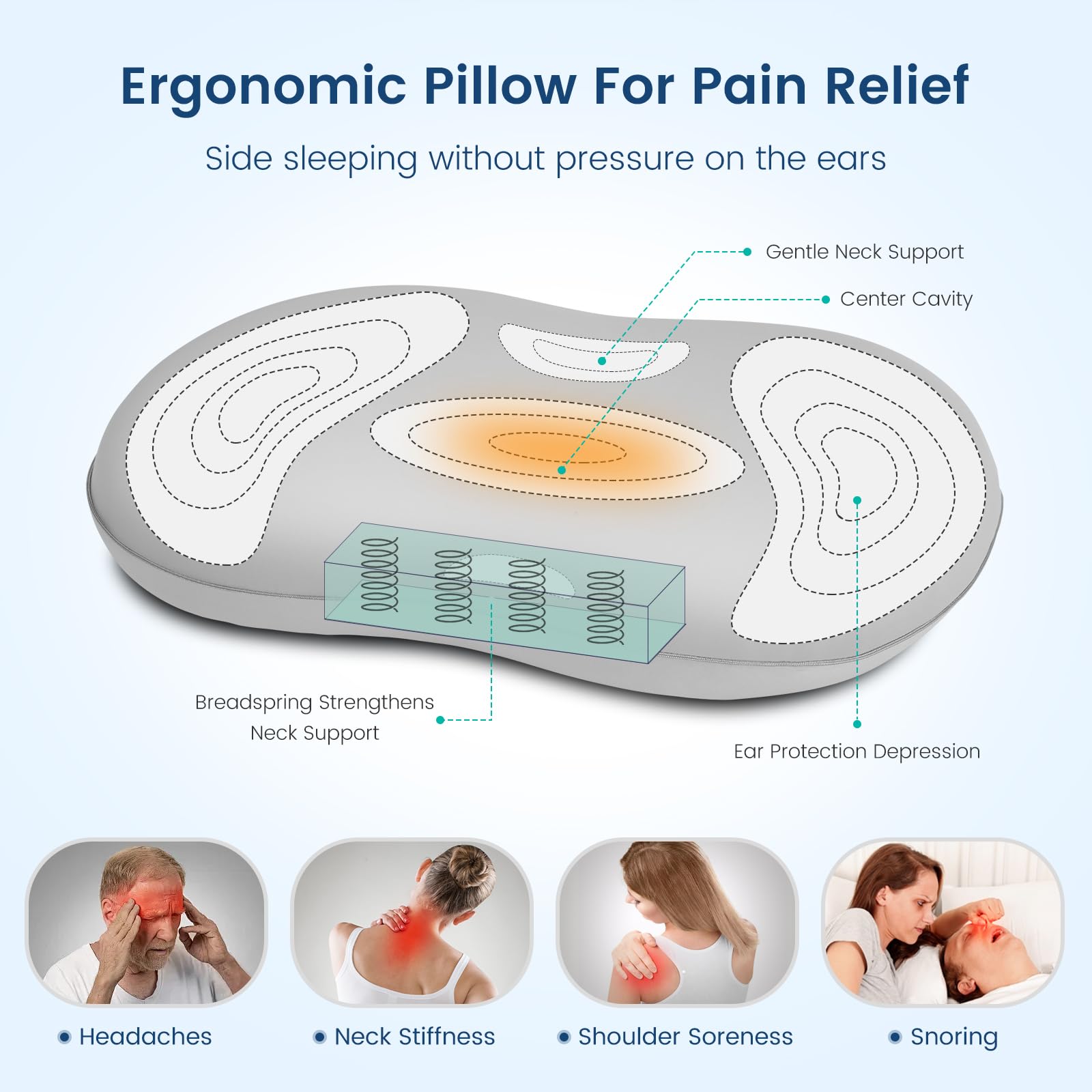 وسادة عنق فوم إليجير للنوم على الجانب أو الظهر، رمادي