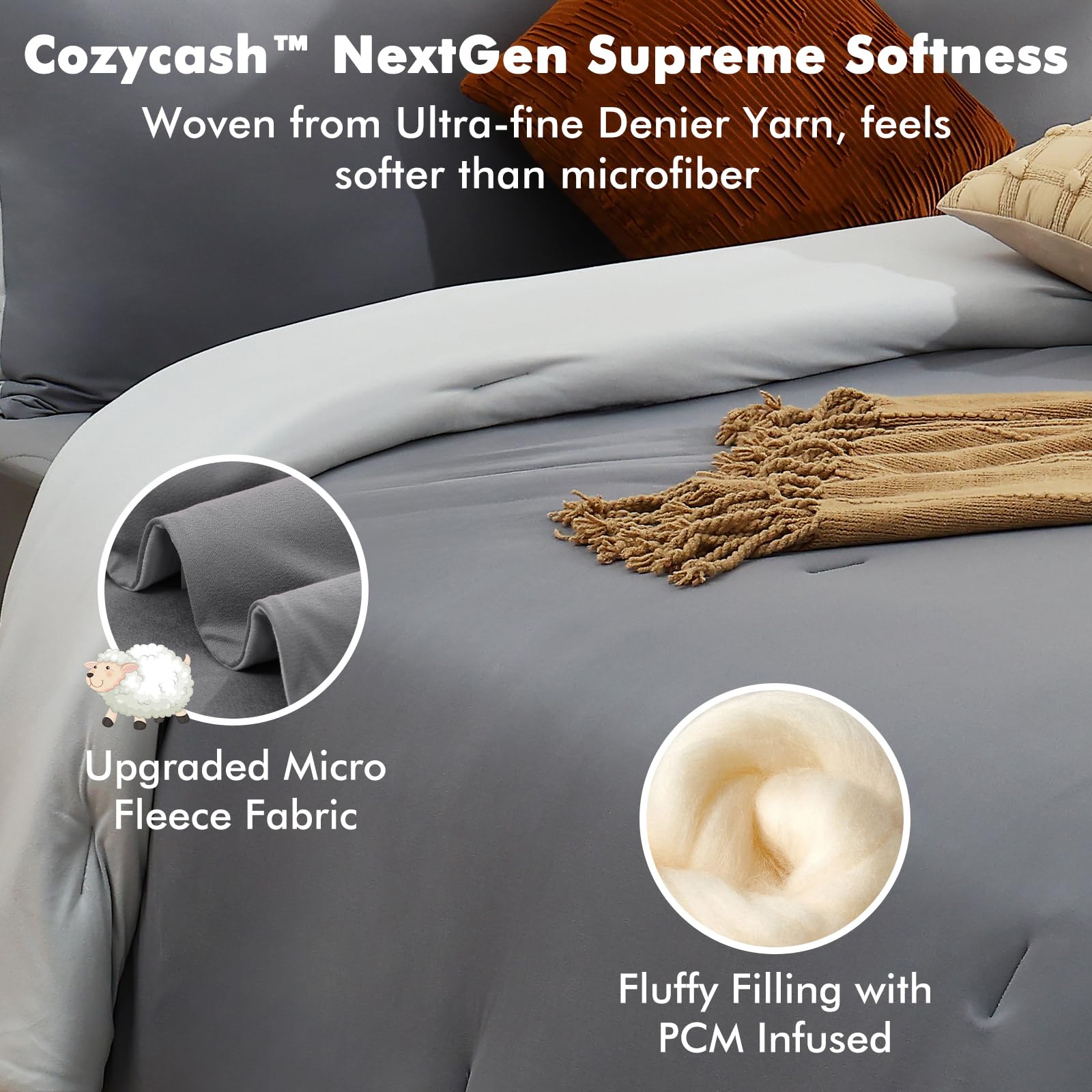 Elegear Comforter Set - Gray, Reversible Ultra-Soft Micro Fleece, PCM Temperature-Regulating, Lightweight All-Season Bedding Set (3 Pieces)