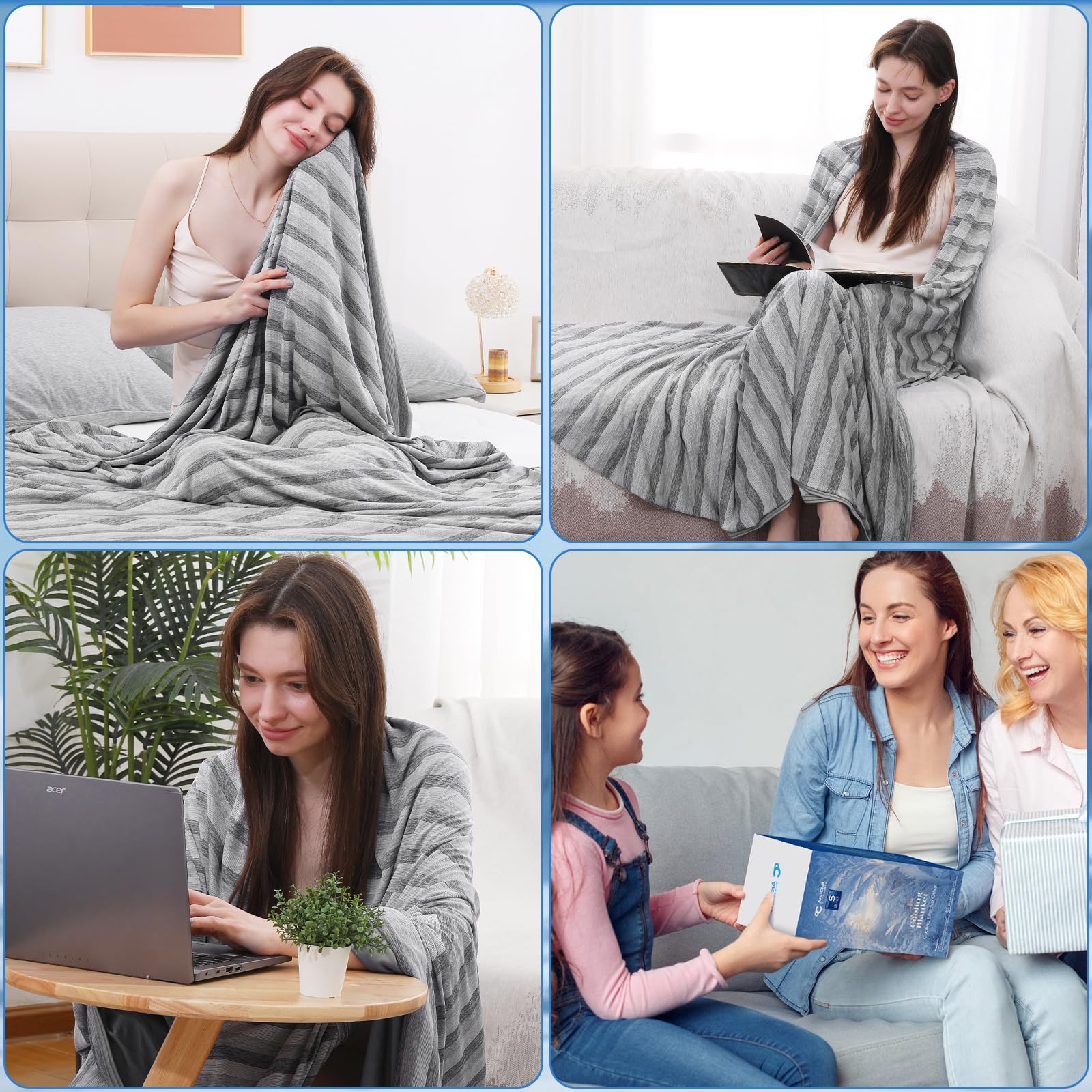 Elegear Dual-Sided Cooling Blanket –Striped Design, Arc-Chill Q-Max > 0.5, Grey