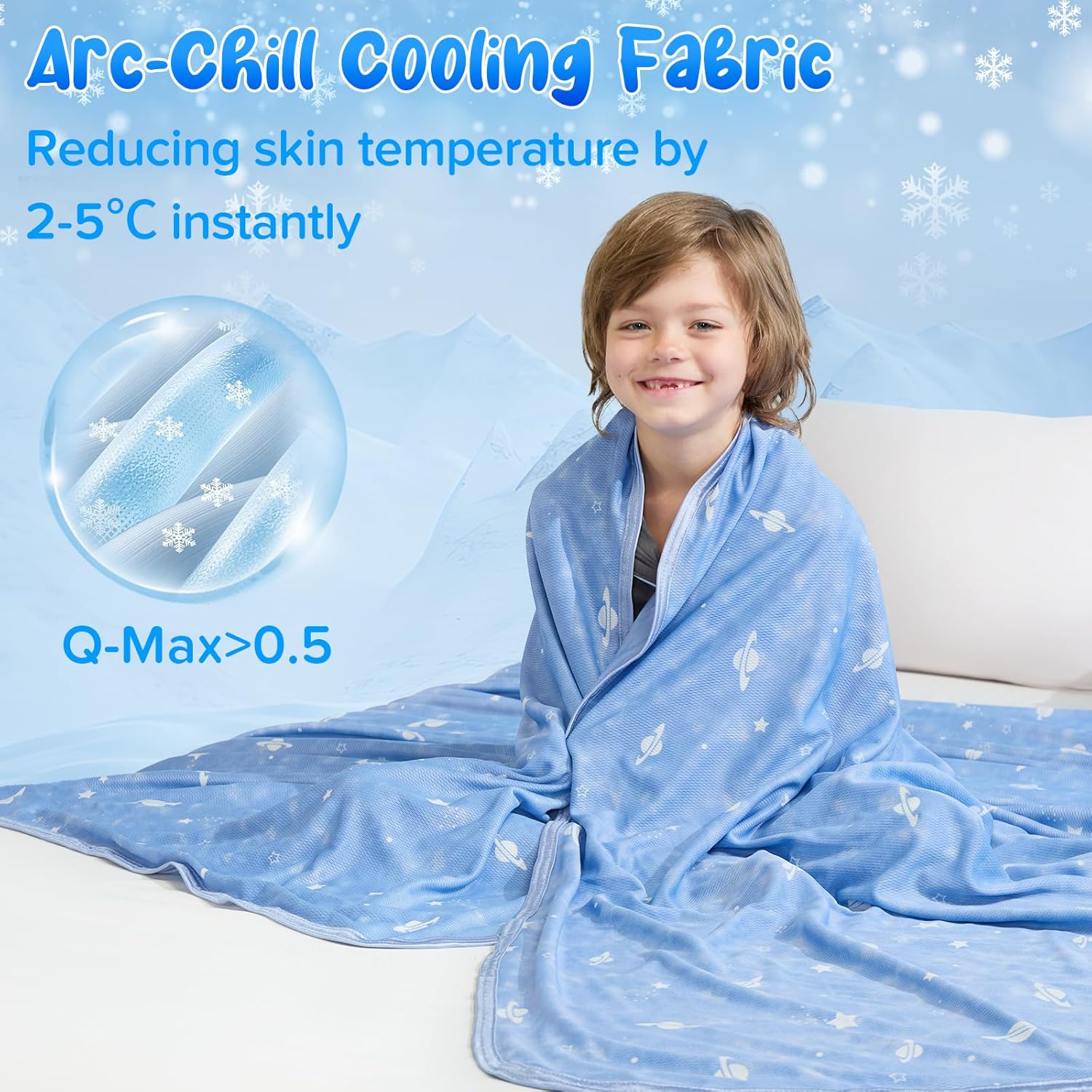 Glow-in-the-Dark Cooling Blanket For Kids– Q-Max > 0.5, Double-Sided Color Blue