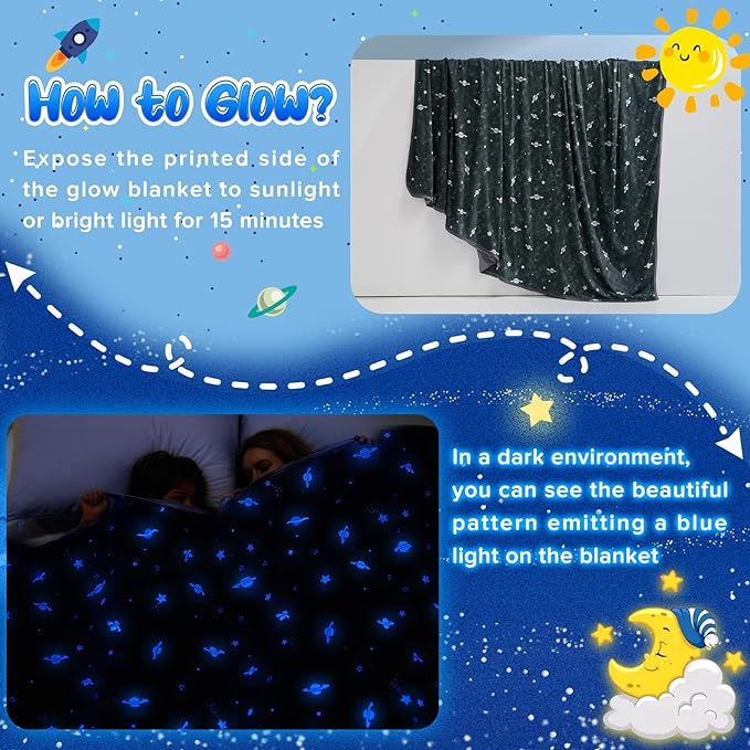 Glow-in-the-Dark Cooling Blanket For Kids– Q-Max > 0.5, Double-Sided Color Black