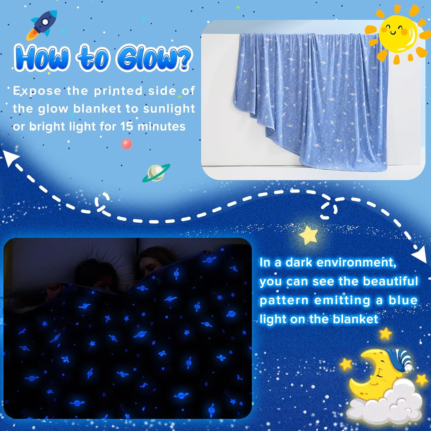 Glow-in-the-Dark Cooling Blanket For Kids– Q-Max > 0.5, Double-Sided Color Blue