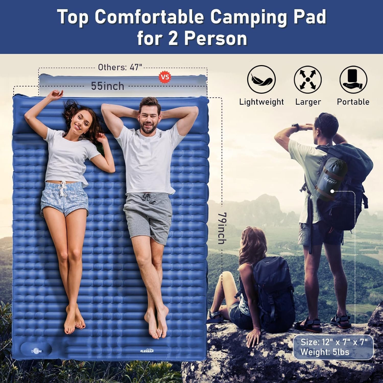 Double Sleeping Pad for Camping, Ultralight Self Inflating Camping Pad for 2 Person