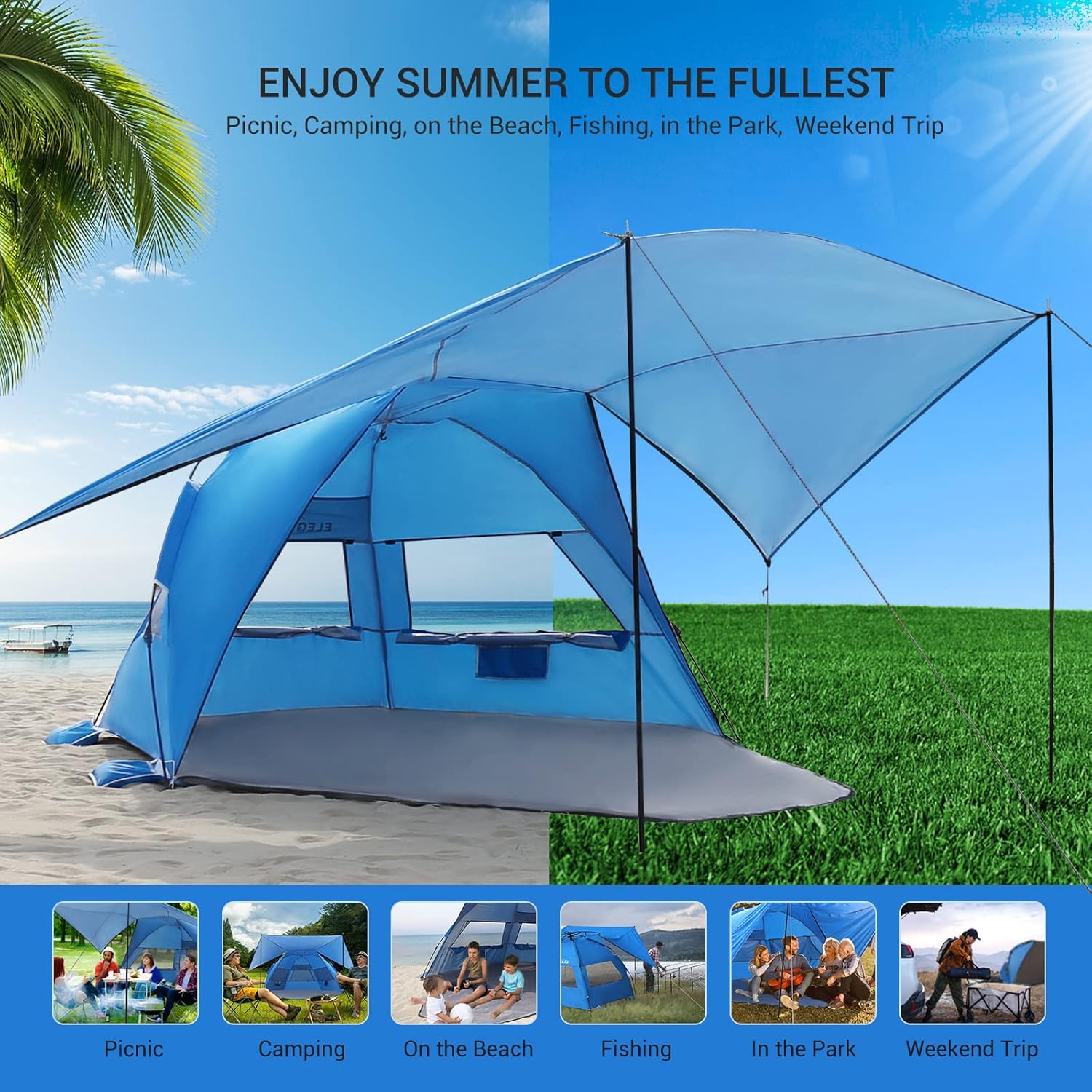 Elegear 4-6 Person Pop-Up Beach Tent with 360° Canopy, UPF 50+ Protection