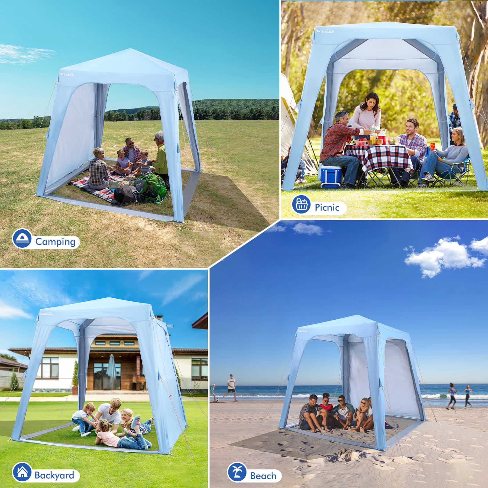 Elegear 7'x7' Inflatable Beach Tent, UPF 50+ Sun Shade Canopy with Side Curtain, 30s Setup for 6-8 People