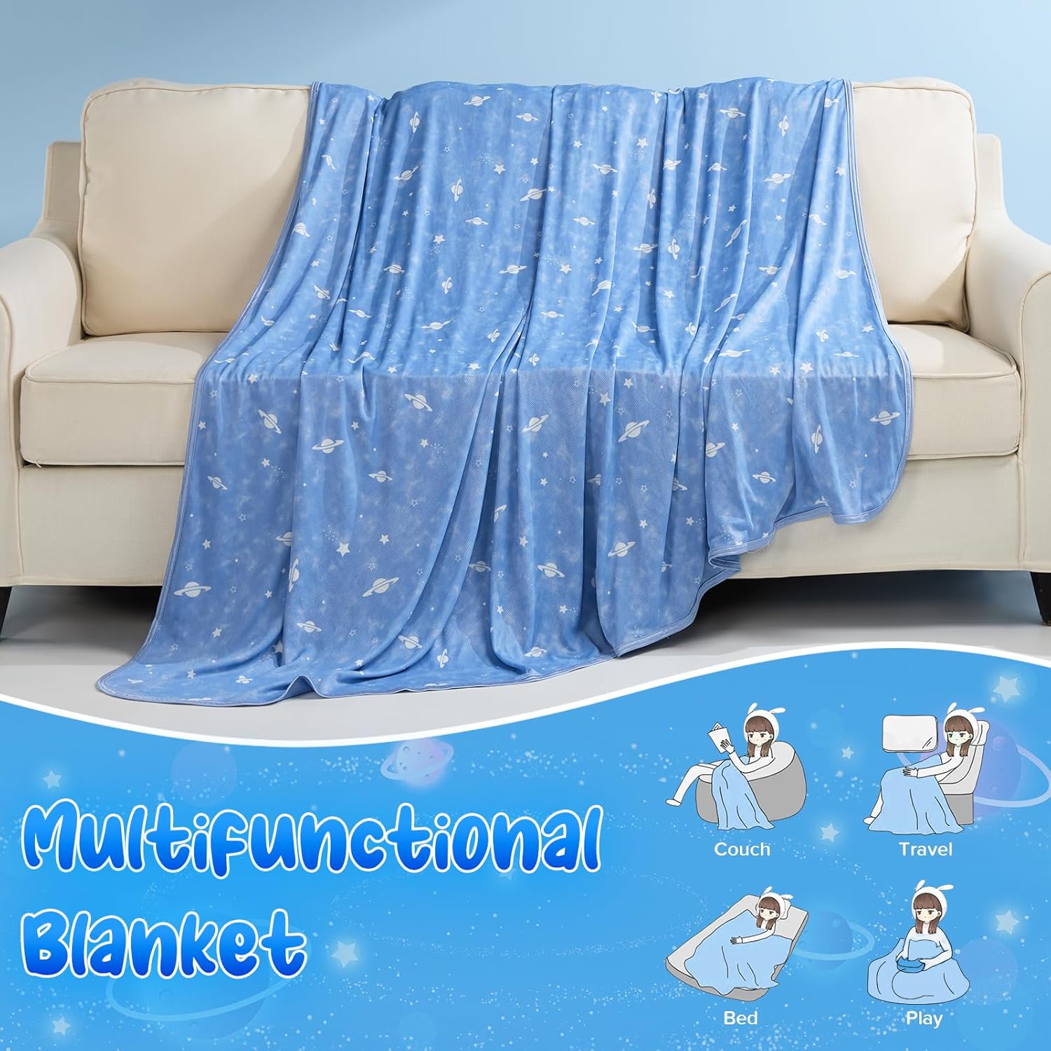 Glow-in-the-Dark Cooling Blanket For Kids– Q-Max > 0.5, Double-Sided Color Blue