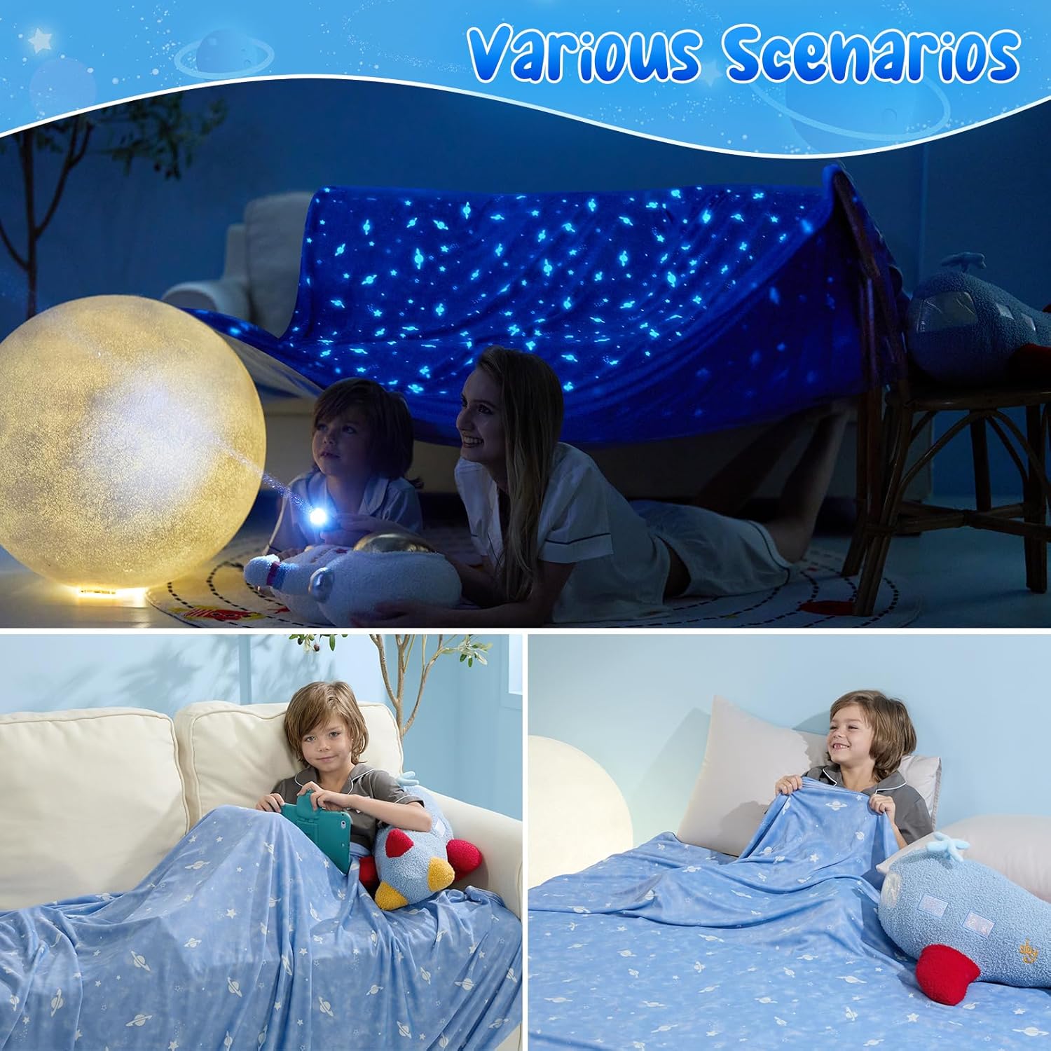 Glow-in-the-Dark Cooling Blanket For Kids– Q-Max > 0.5, Double-Sided Color Blue