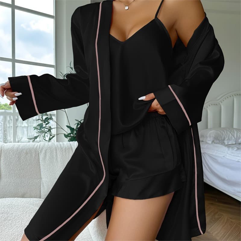 طقم بيجامة ساتان بسيط مكون من 3 قطع