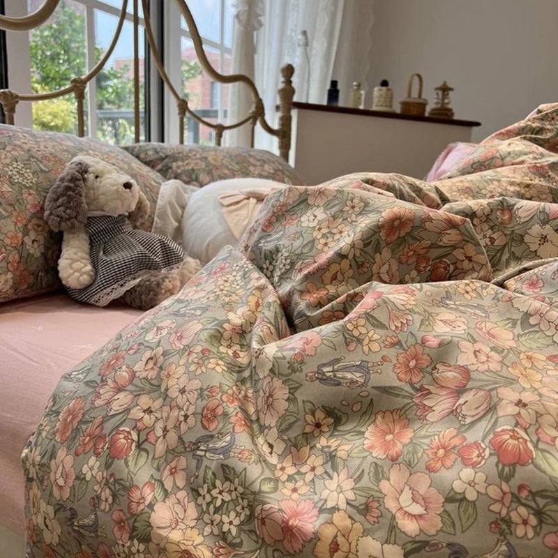 طقم سرير ريفي زهور عتيق مكون من 4 قطع، D005