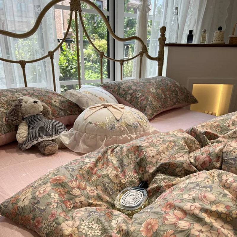 طقم سرير ريفي زهور عتيق مكون من 4 قطع، D005