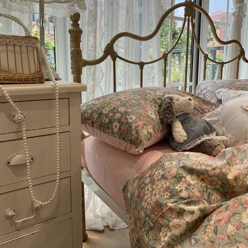 طقم سرير ريفي زهور عتيق مكون من 4 قطع، D005