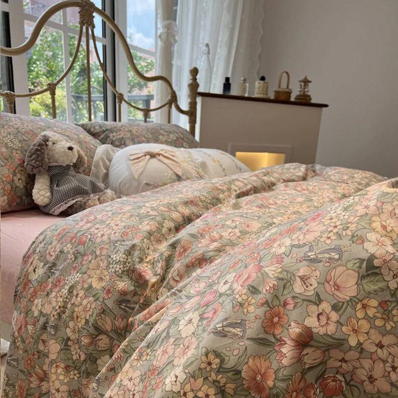 طقم سرير ريفي زهور عتيق مكون من 4 قطع، D005