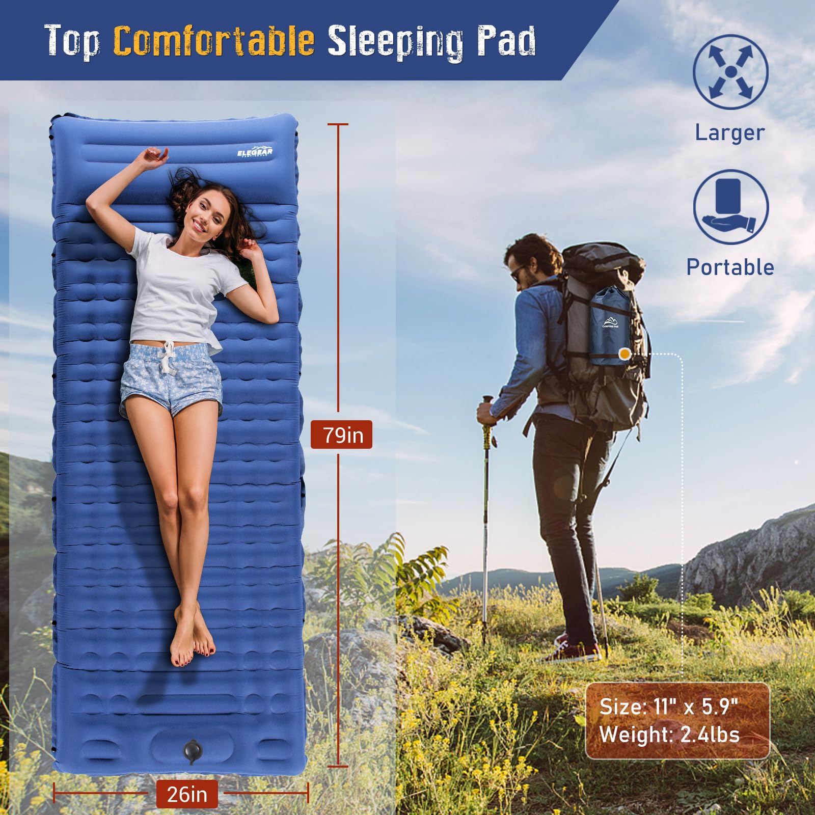 4" Ultra-Thick Self Inflating Sleeping Pad for Camping-Color Blue