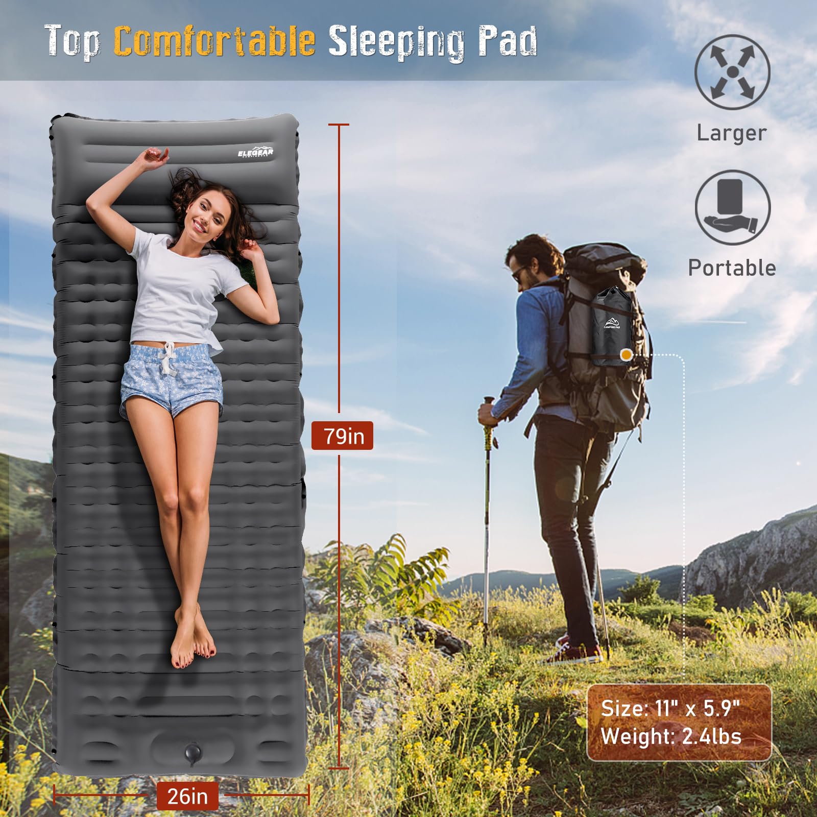 4" Ultra-Thick Self Inflating Sleeping Pad for Camping-Color Gray