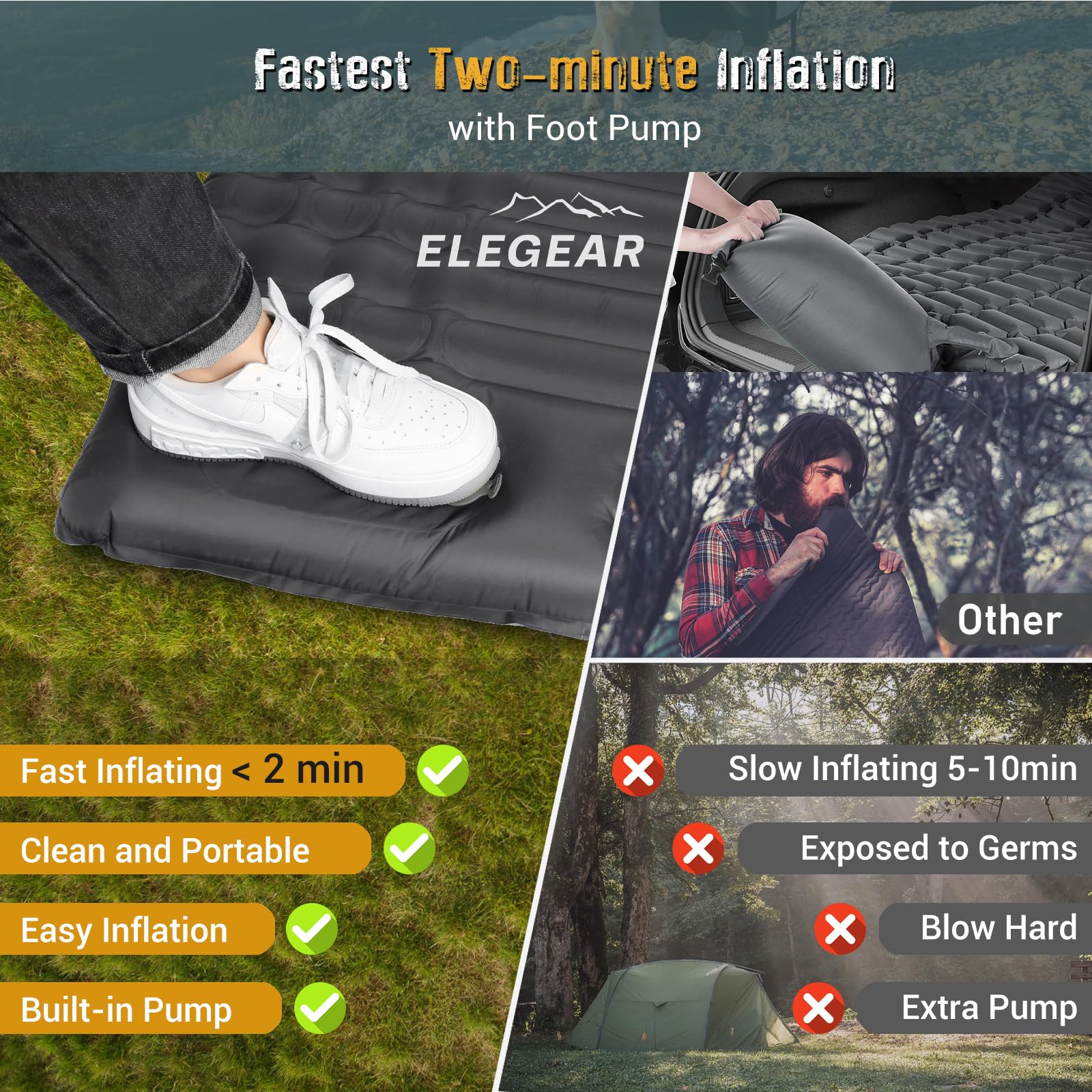4" Ultra-Thick Self Inflating Sleeping Pad for Camping-Color Gray
