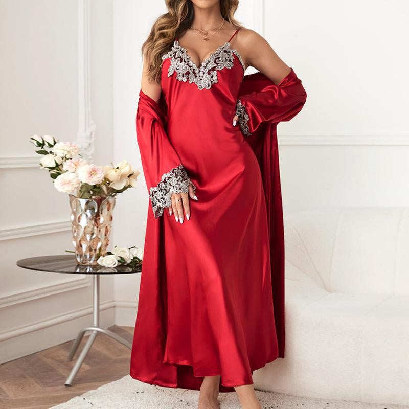 Ice Silk Embroidered Lace 2-Pices Cami Dress Long  loungewear - elegear-shop