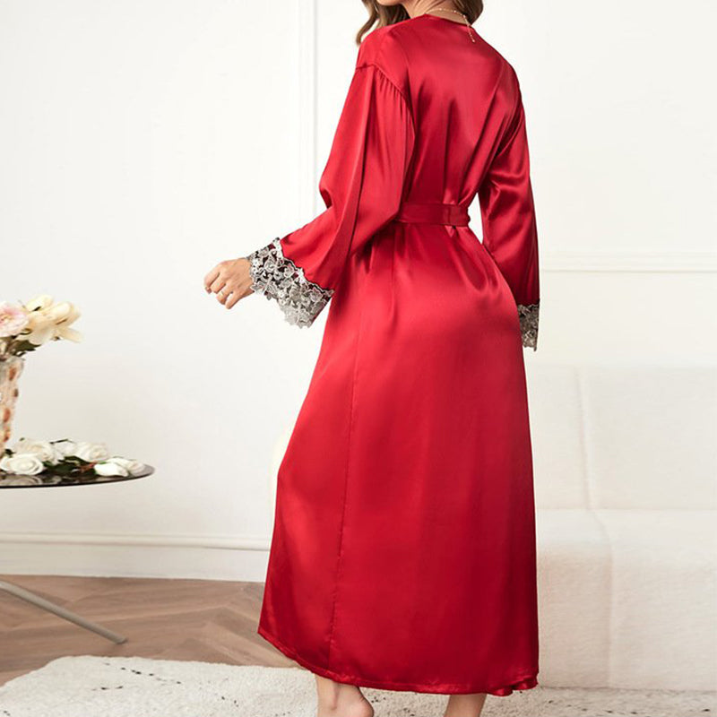 Ice Silk Embroidered Lace 2-Pices Cami Dress Long  loungewear - elegear-shop