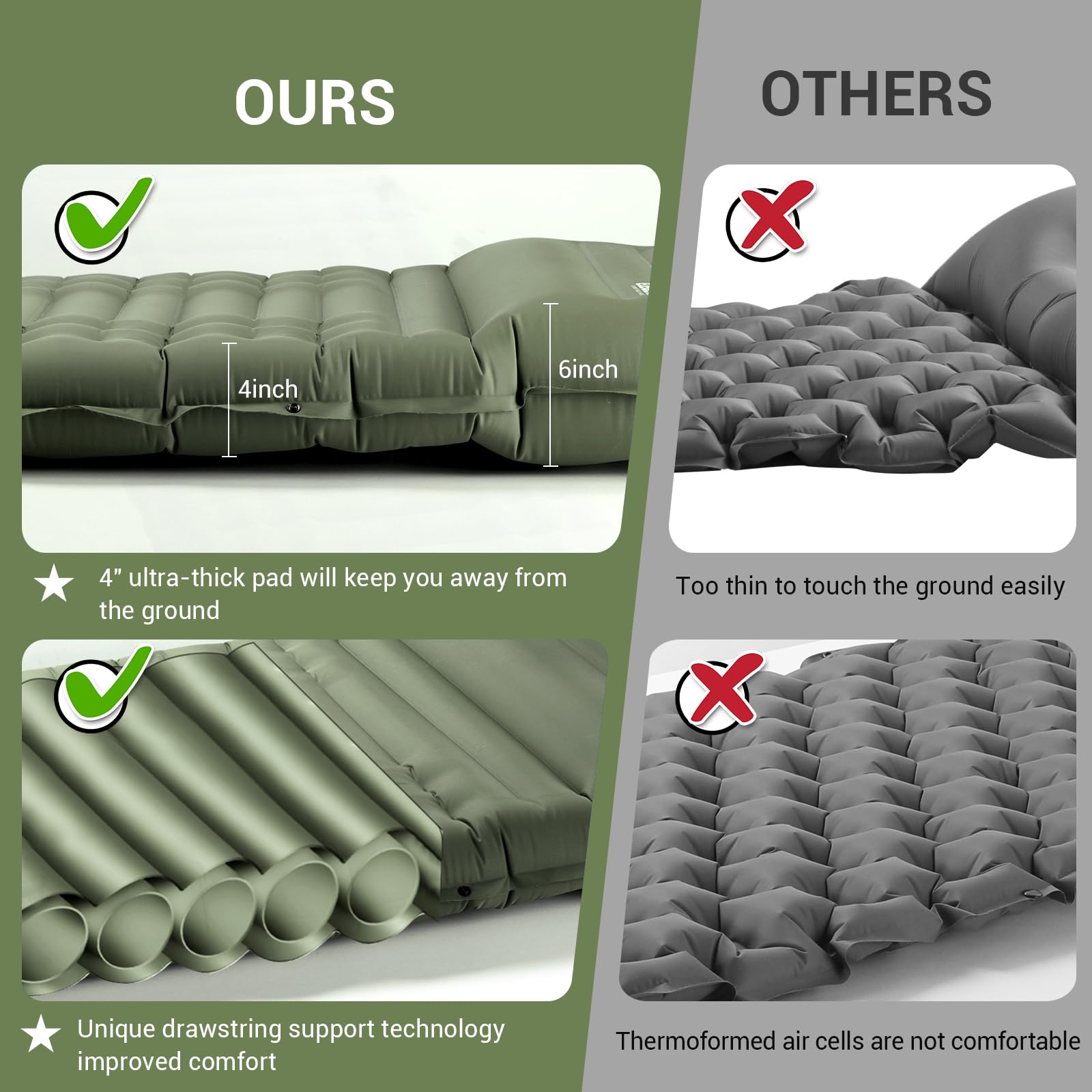 4" Ultra-Thick Self Inflating Sleeping Pad for Camping-Color Green