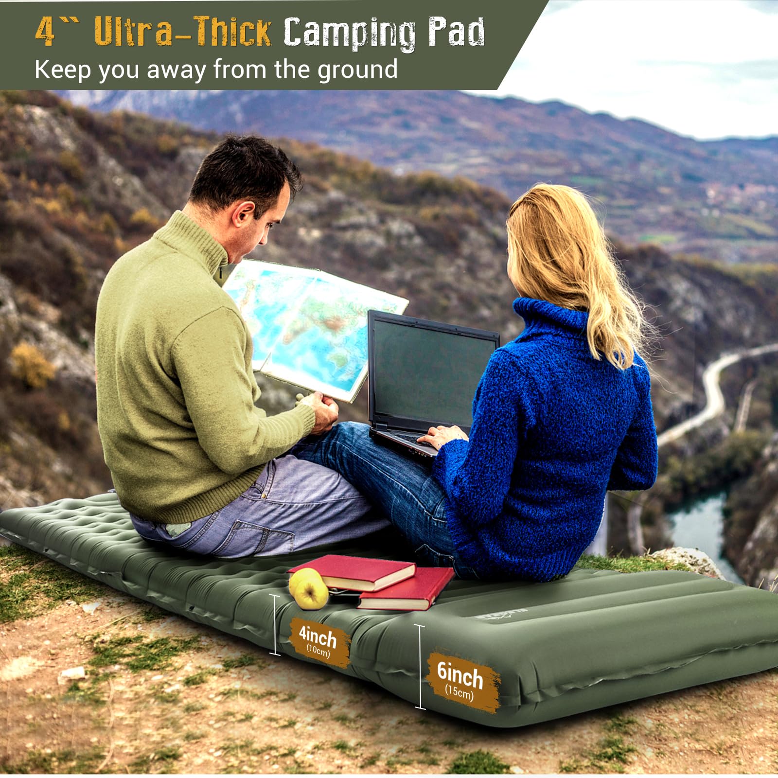 4" Ultra-Thick Self Inflating Sleeping Pad for Camping-Color Green