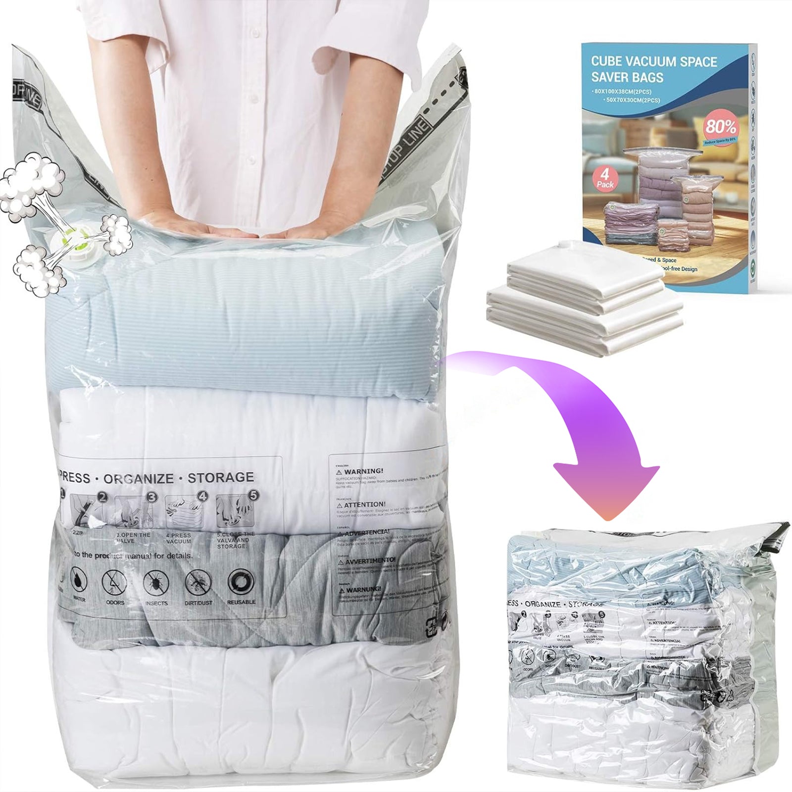 Elegear Cube Vacuum Storage Bag-4 Pack (2 Jumbo + 2 Medium) Extra Large Space Saver Bags, Large Capacity Clothing Storage Bags for Clothes Pillows Comforters Quilts Blankets
