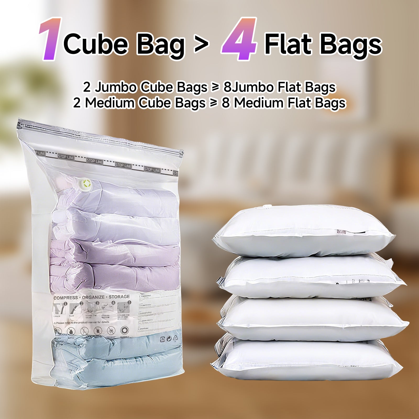 Elegear Cube Vacuum Storage Bag-4 Pack (2 Jumbo + 2 Medium) Extra Large Space Saver Bags, Large Capacity Clothing Storage Bags for Clothes Pillows Comforters Quilts Blankets