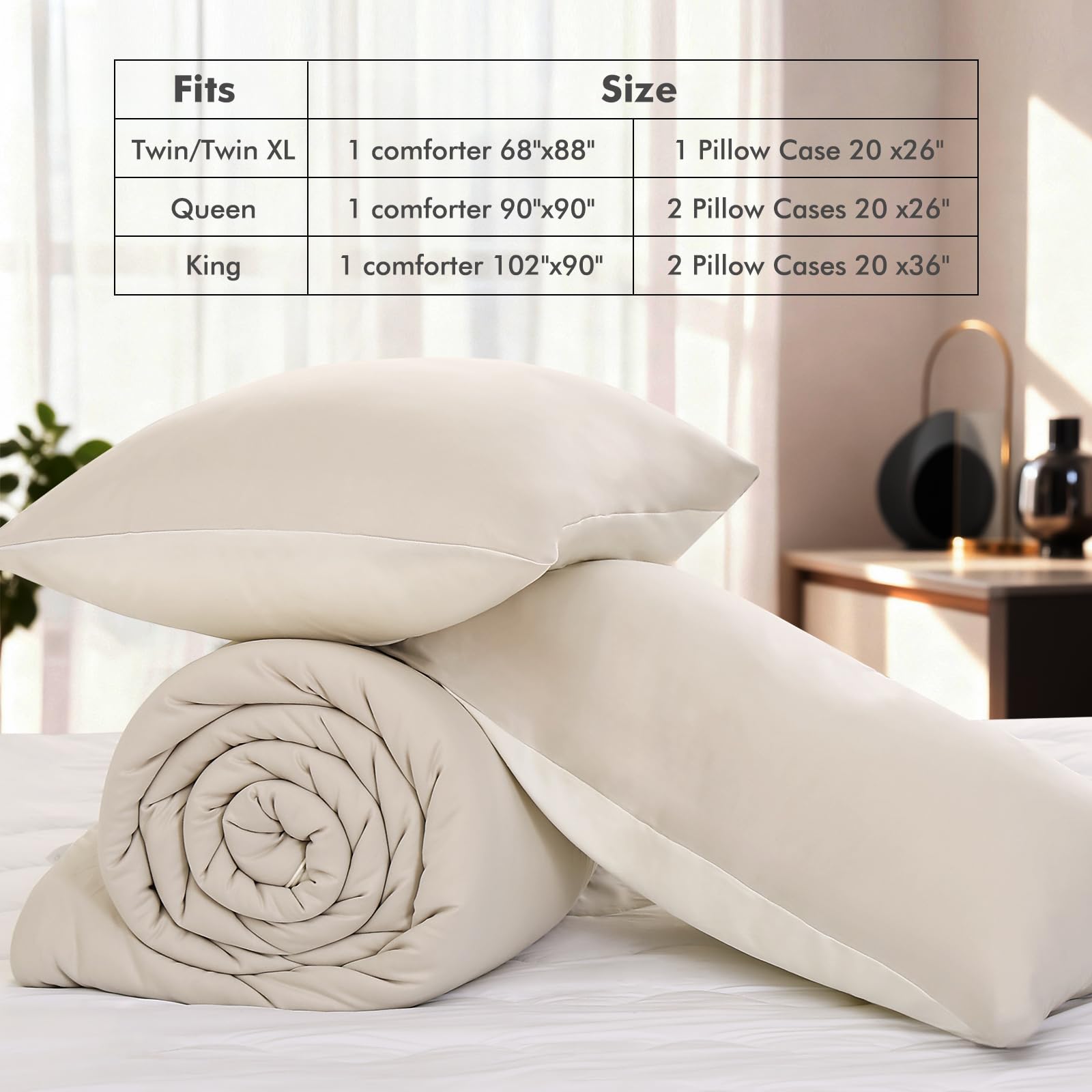 Elegear Comforter Set - Beige, Reversible Ultra-Soft Micro Fleece, PCM Temperature-Regulating, Lightweight All-Season Bedding Set (3 Pieces)