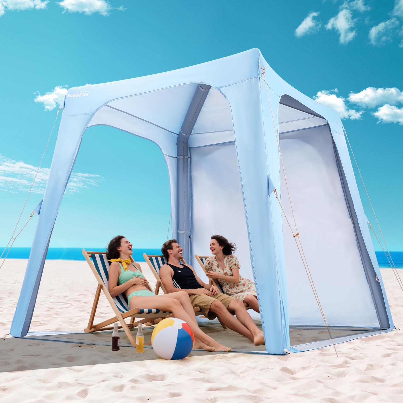 Elegear 7'x7' Inflatable Beach Tent, UPF 50+ Sun Shade Canopy with Side Curtain, 30s Setup for 6-8 People
