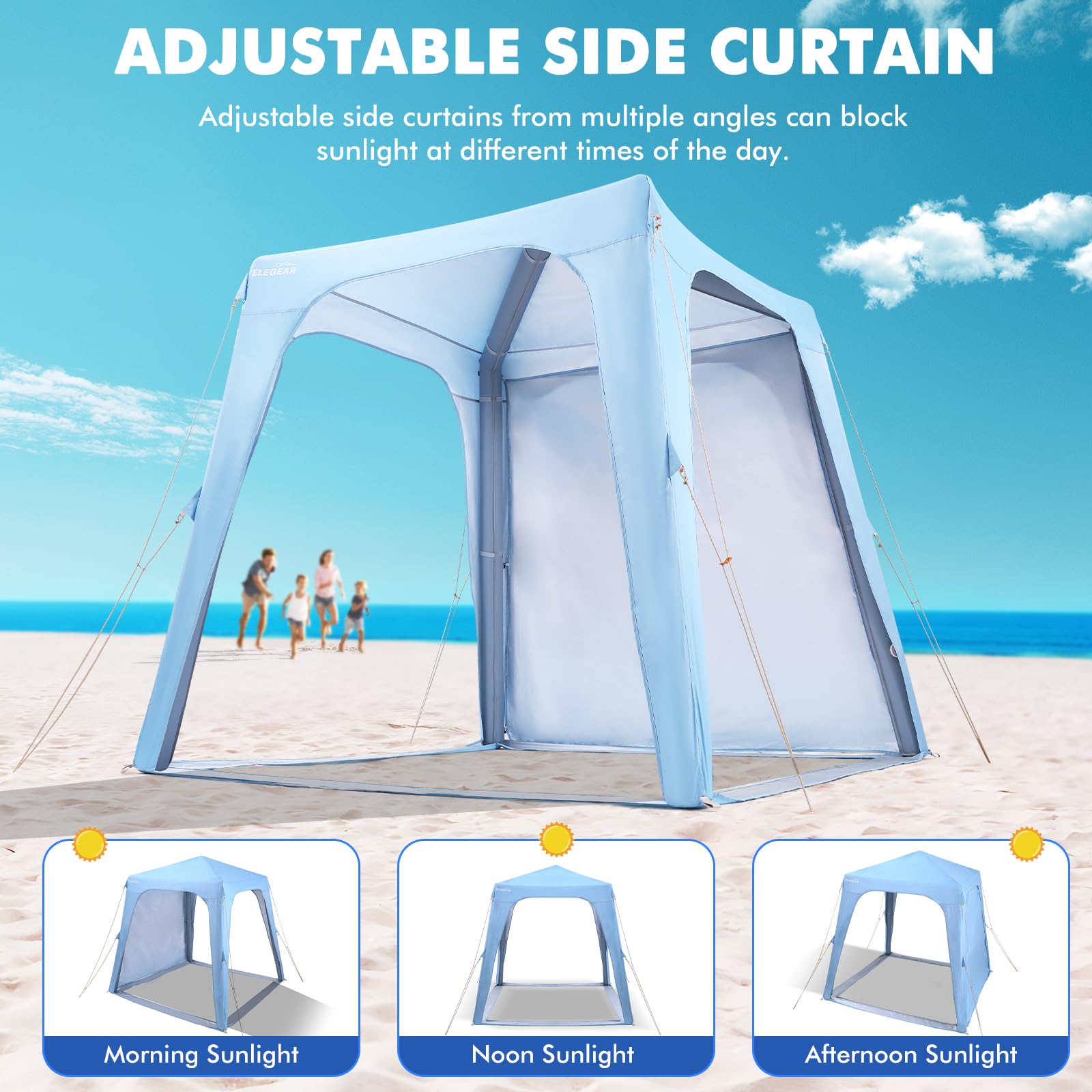 Elegear 7'x7' Inflatable Beach Tent, UPF 50+ Sun Shade Canopy with Side Curtain, 30s Setup for 6-8 People