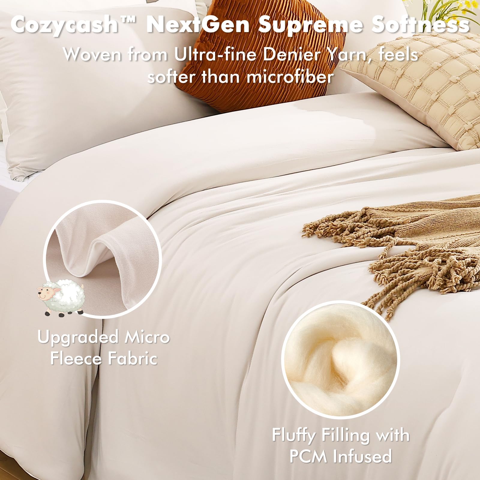 Elegear Comforter Set - Beige, Reversible Ultra-Soft Micro Fleece, PCM Temperature-Regulating, Lightweight All-Season Bedding Set (3 Pieces)
