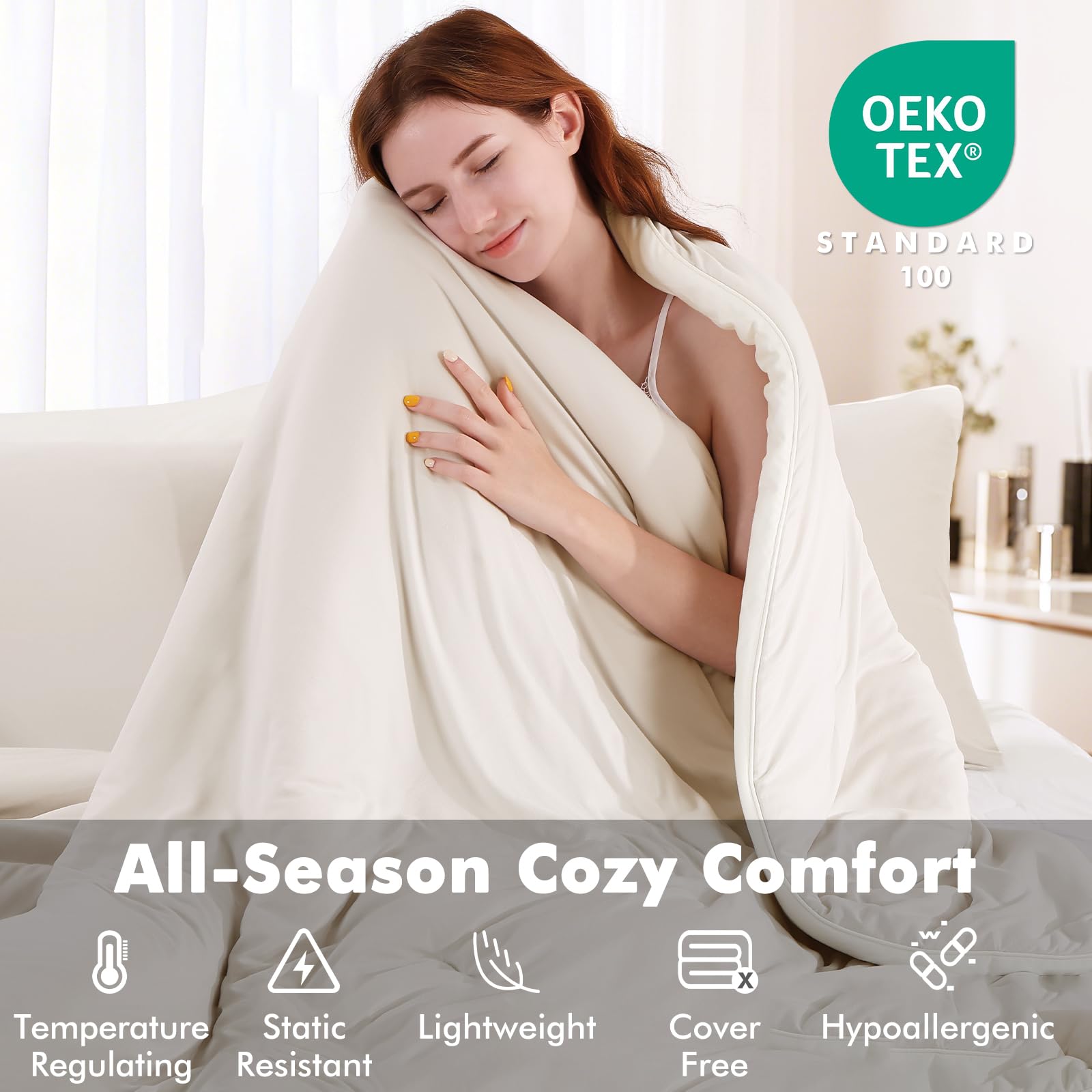 Elegear Comforter Set - Beige, Reversible Ultra-Soft Micro Fleece, PCM Temperature-Regulating, Lightweight All-Season Bedding Set (3 Pieces)