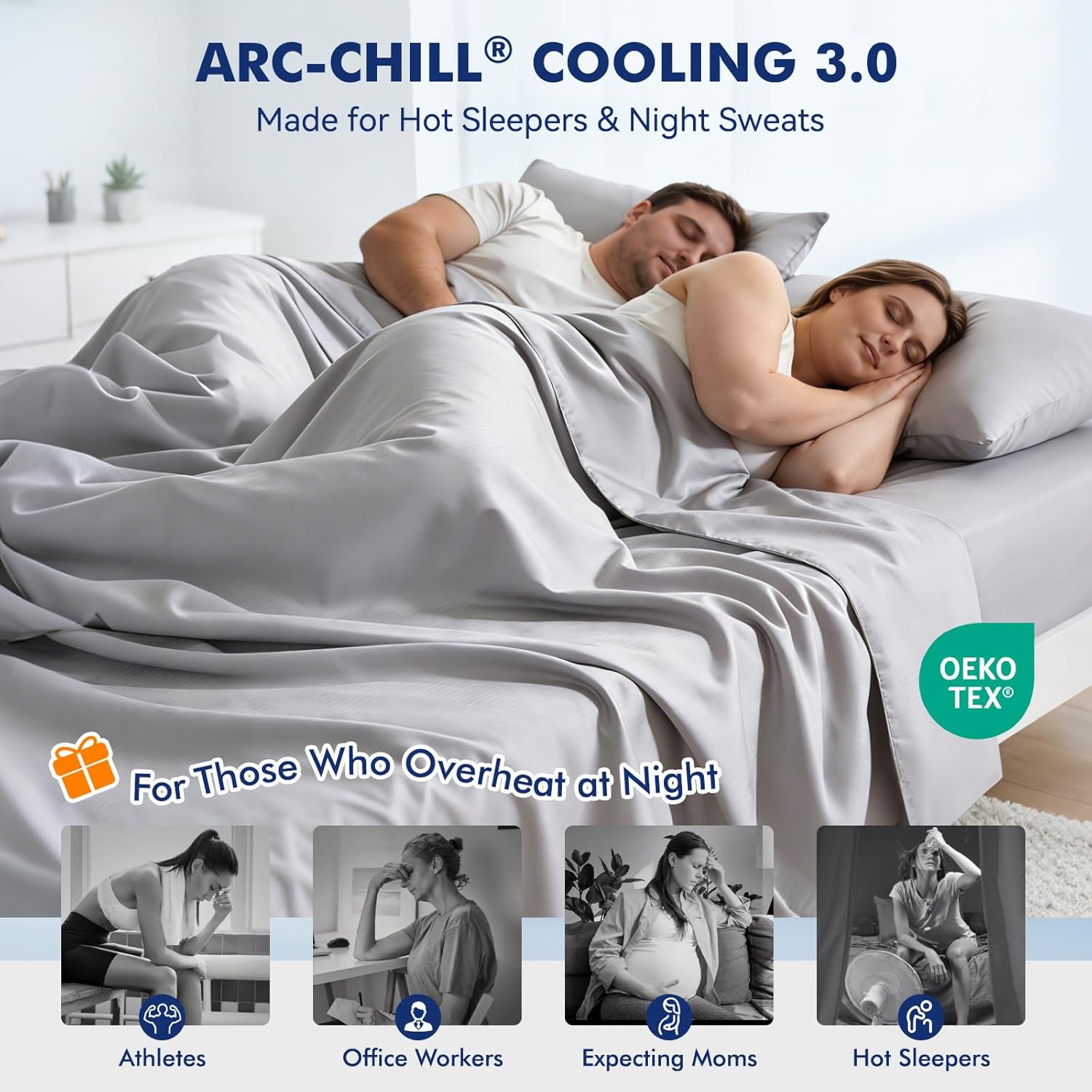 Elegear Cooling Bundle – Arc-Chill® 3.0 Advanced Cooling (Q-Max>0.5), Silver-Ion Odor Control, Ultra-Soft & Breathable, 18" Deep Pocket, 4-Piece Set for Night Sweats