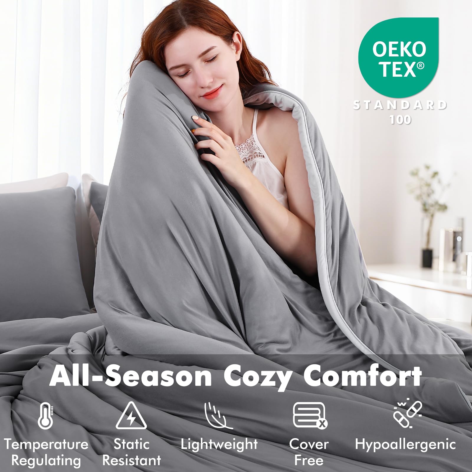 Elegear Comforter Set - Gray, Reversible Ultra-Soft Micro Fleece, PCM Temperature-Regulating, Lightweight All-Season Bedding Set (3 Pieces)