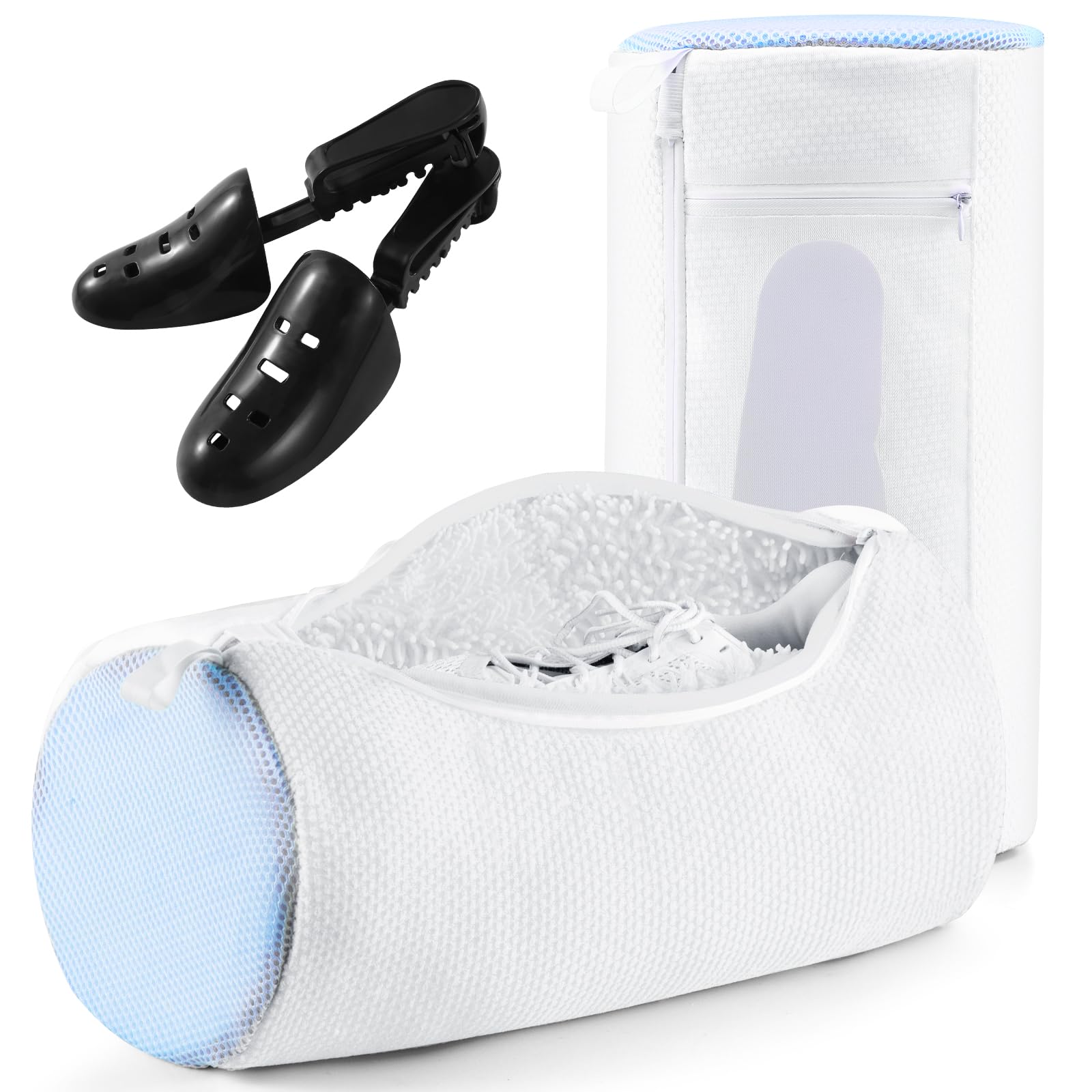 Shoe Washing Machine Bag w/Shoe Trees to Prevent Deformation - Sneaker Cleaner Bag Reusable Lint-free Large Laundry Shoe Bag, Tennis Shoes Wash Kit Home Travel Essentials, White 2pcs