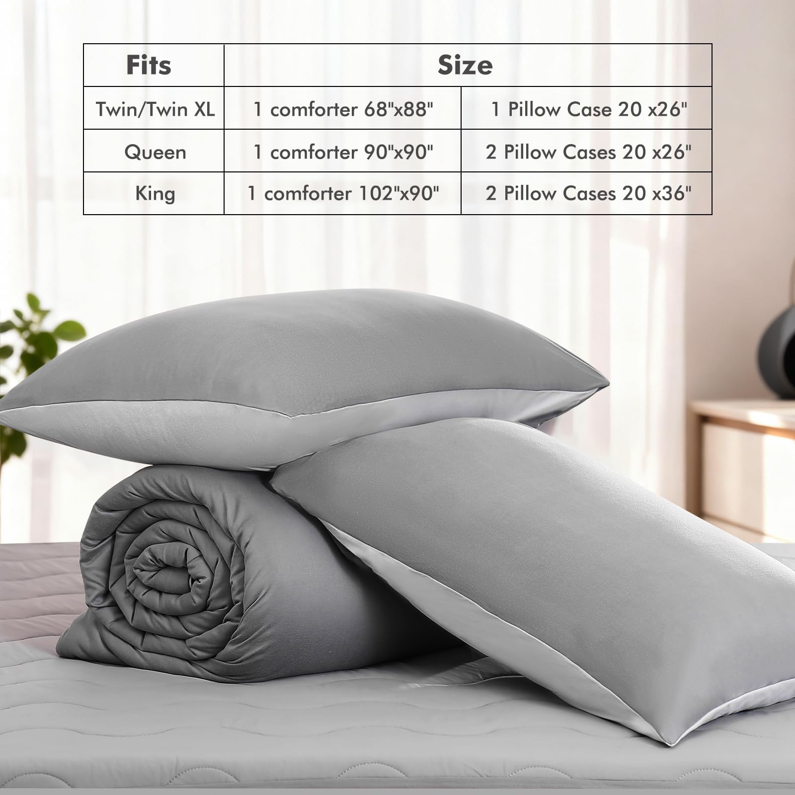 Elegear Comforter Set - Gray, Reversible Ultra-Soft Micro Fleece, PCM Temperature-Regulating, Lightweight All-Season Bedding Set (3 Pieces)