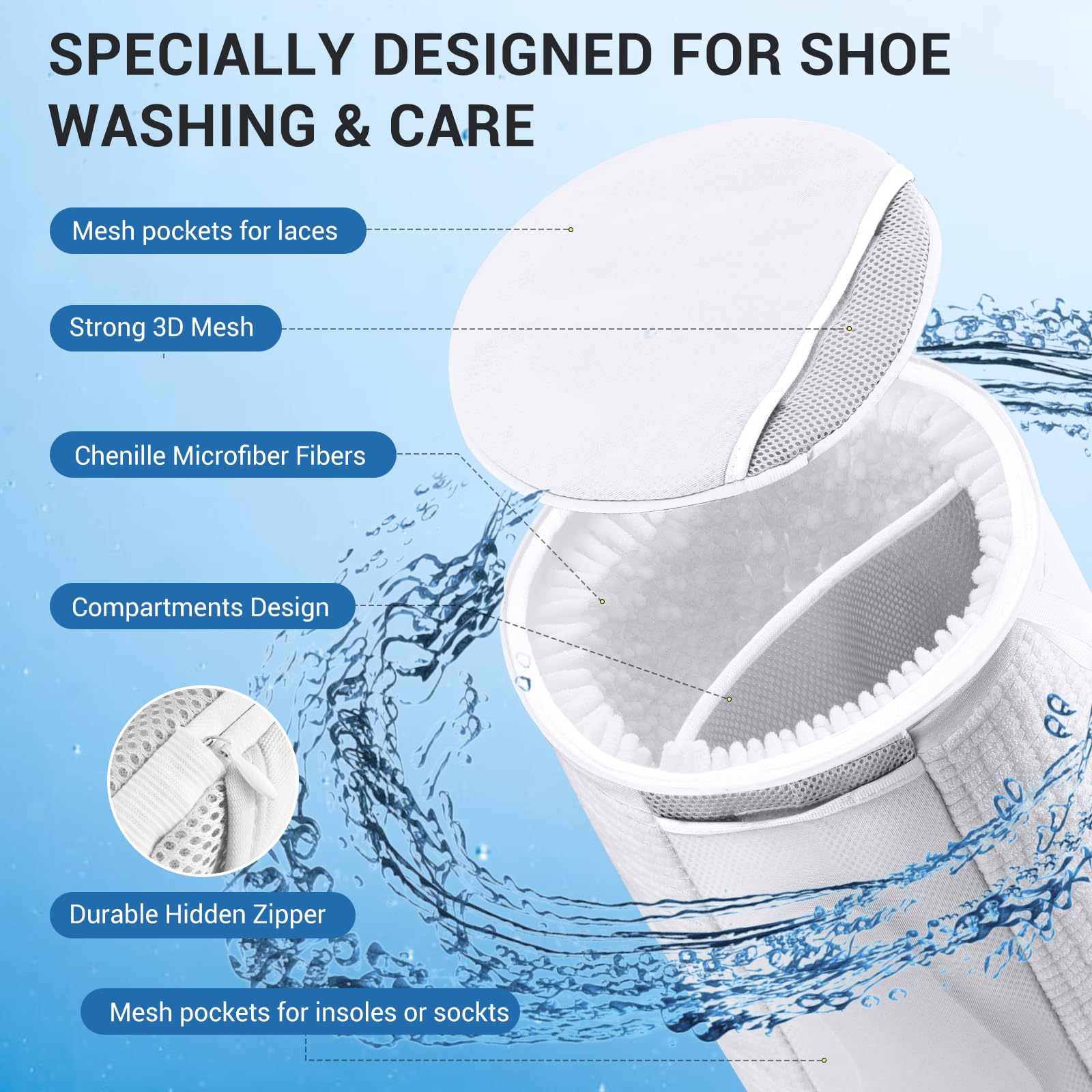 Teletrogy Large Shoe Bag for Washing Machine, Two-Zone Design, 2 Mesh Pockets, One-Step Wash for Complete Cleaning, Durable Invisible Zipper Sneaker Laundry Bag Home Dorm Essentials 9.45" x 13.8"