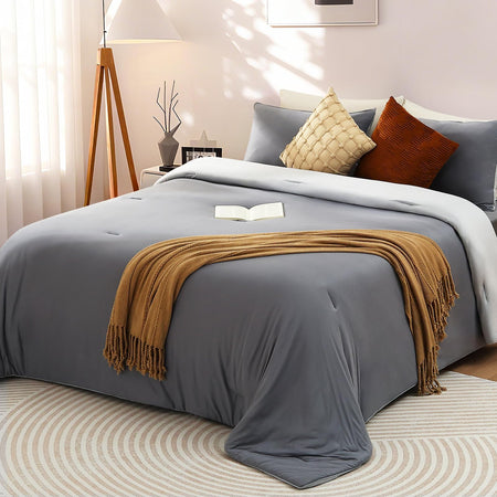 Elegear Comforter Set - Gray, Reversible Ultra-Soft Micro Fleece, PCM Temperature-Regulating, Lightweight All-Season Bedding Set (3 Pieces)