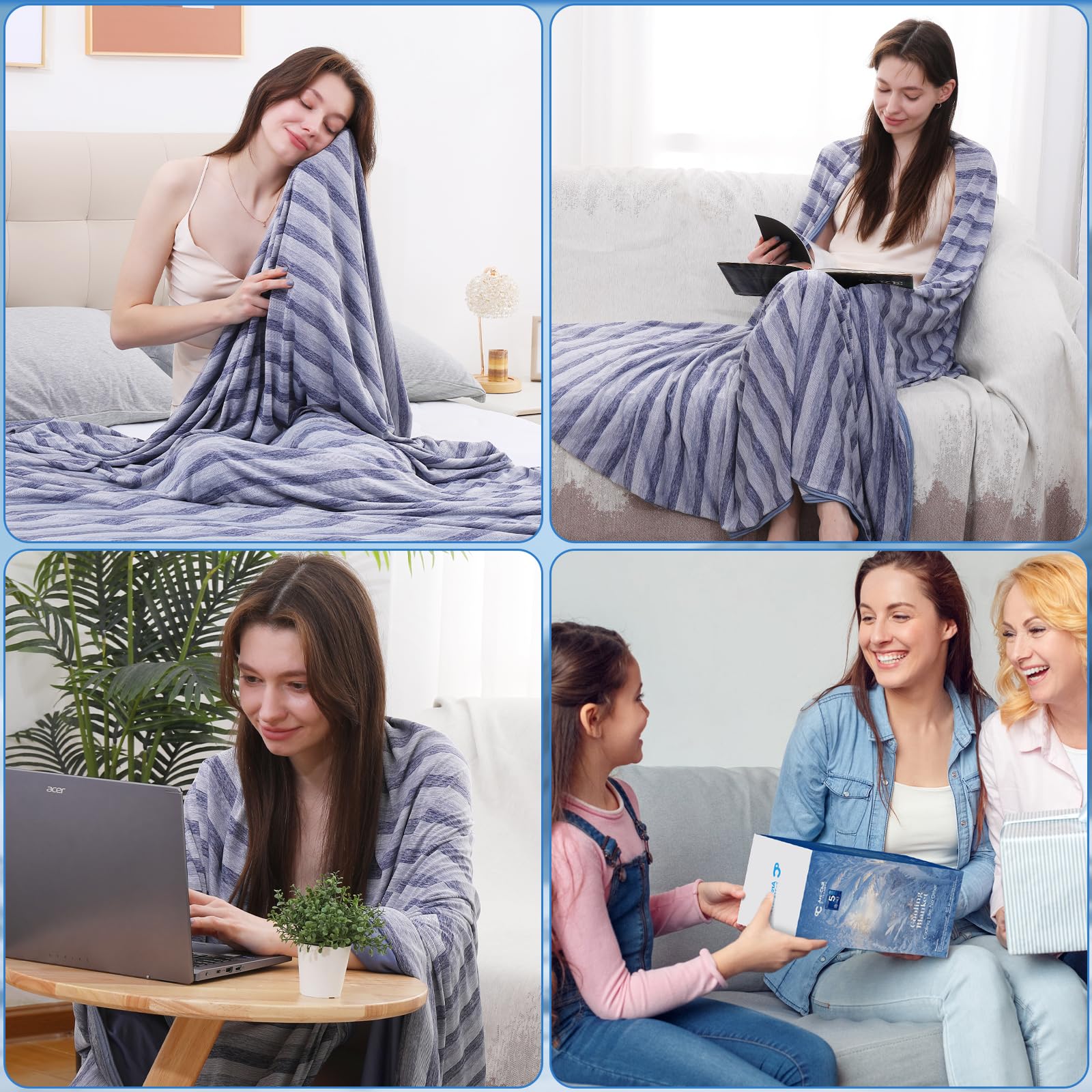 Elegear Dual-Sided Cooling Blanket –Striped Design, Arc-Chill Q-Max > 0.5, Blue