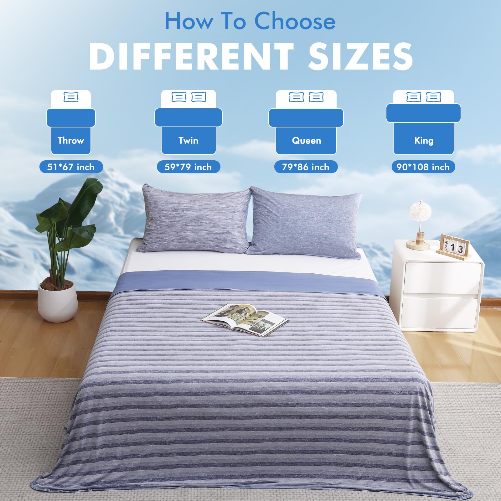 Elegear Dual-Sided Cooling Blanket –Striped Design, Arc-Chill Q-Max > 0.5, Blue